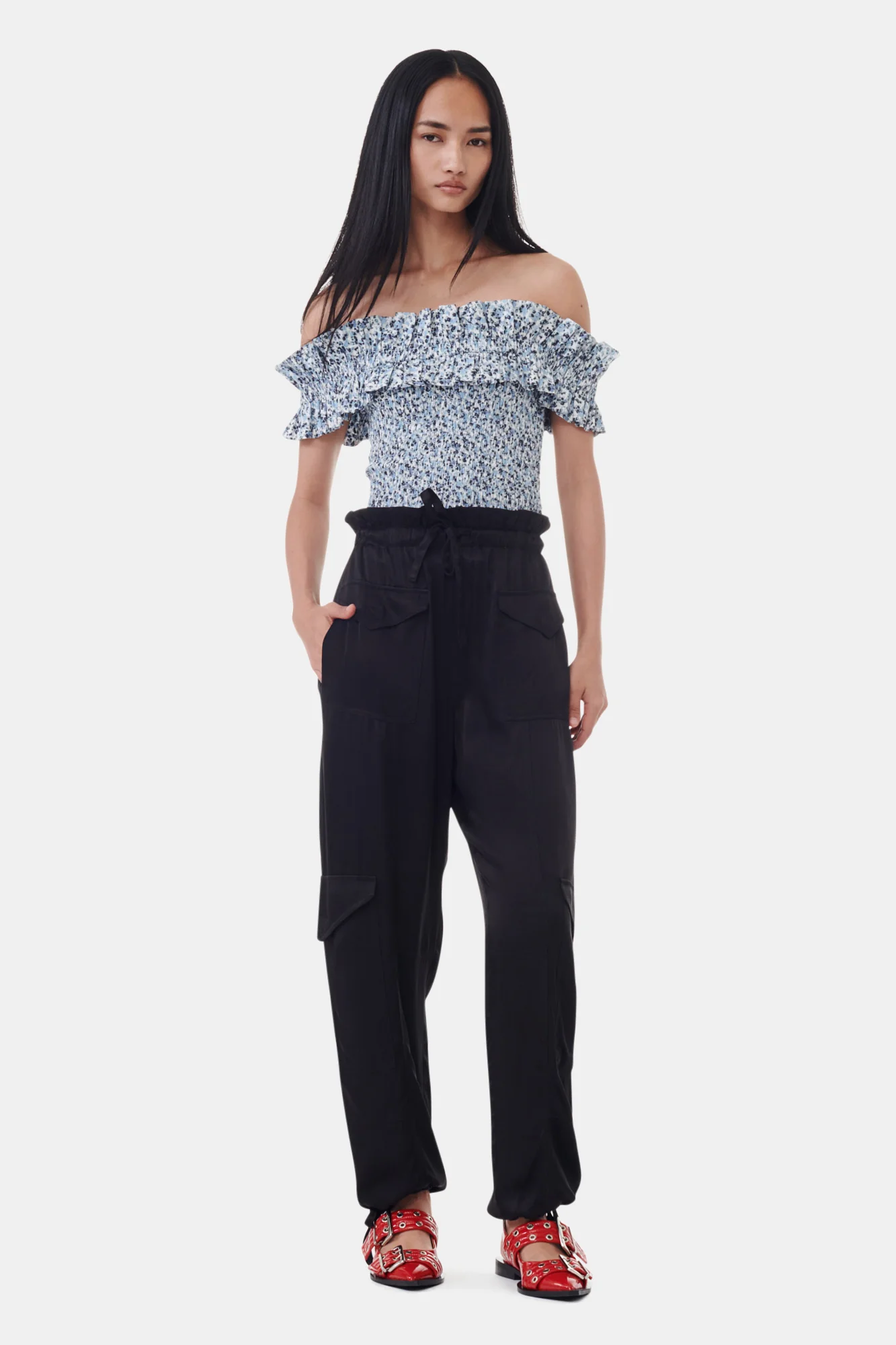 Printed Cotton Off-shoulder Smock Top | Glacier Lake - Image 4