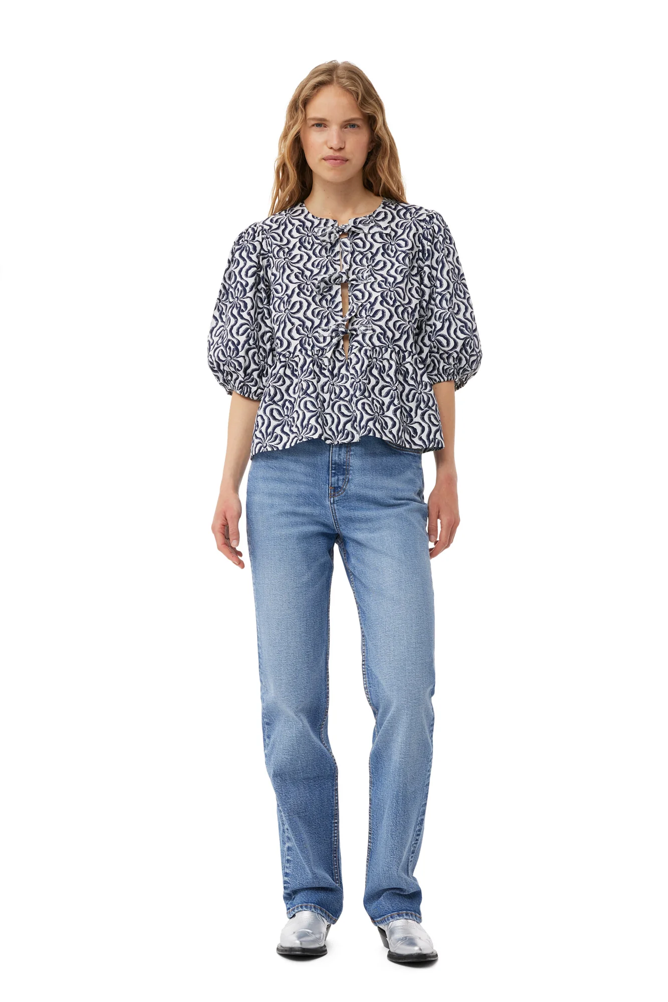 Printed Cotton Peplum Blouse | Egret - Image 2