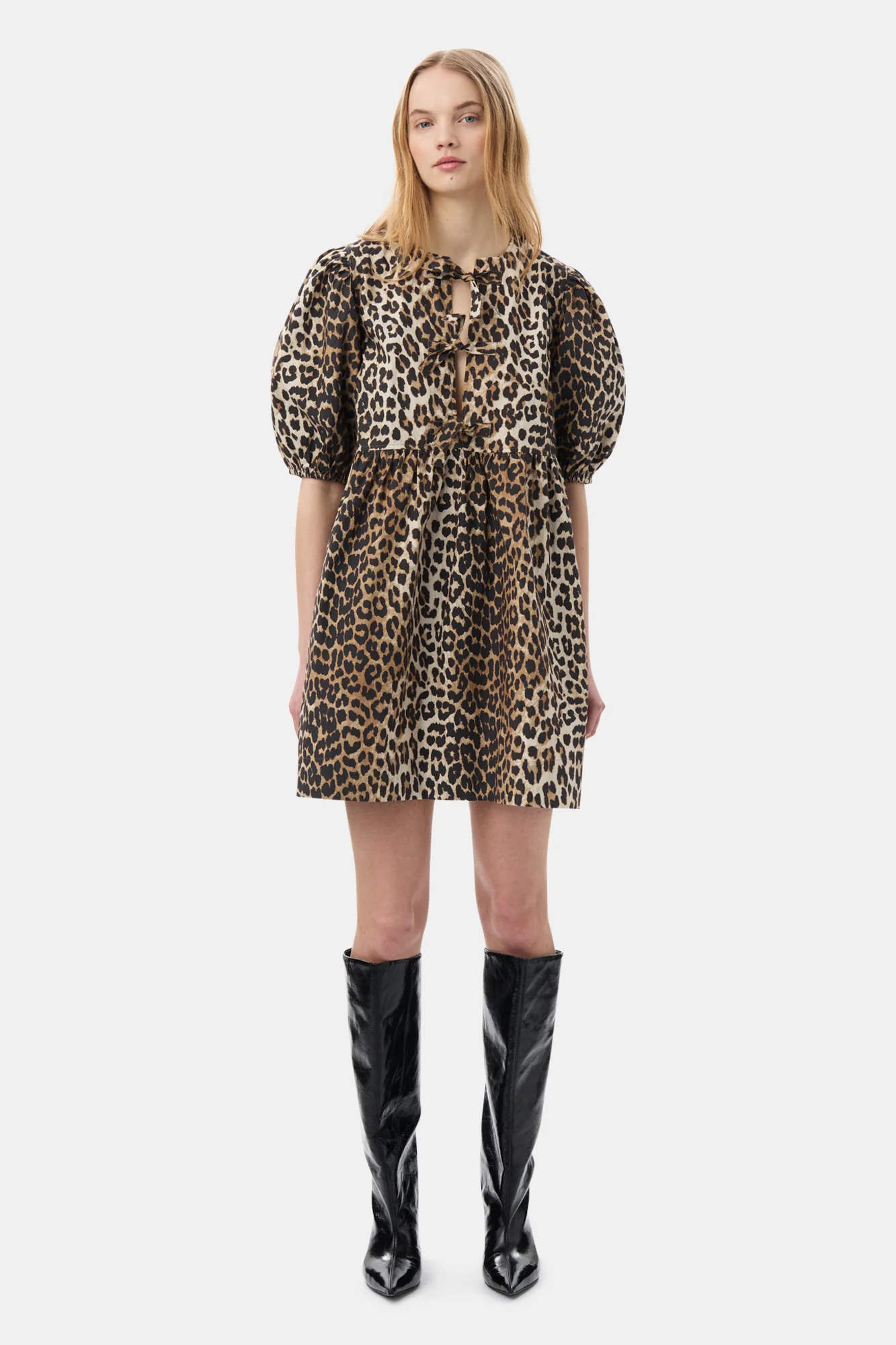 Printed Cotton Tie String Mini Dress | Leopard - Image 4