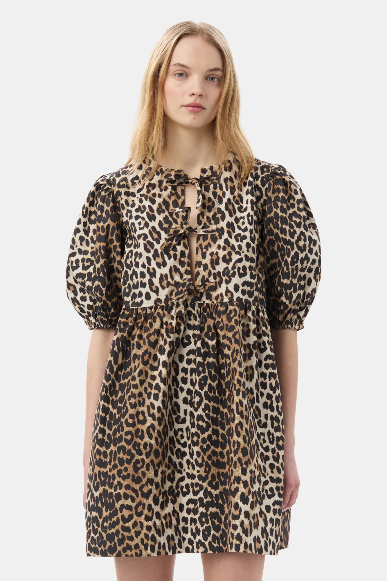 Printed Cotton Tie String Mini Dress | Leopard - Image 5