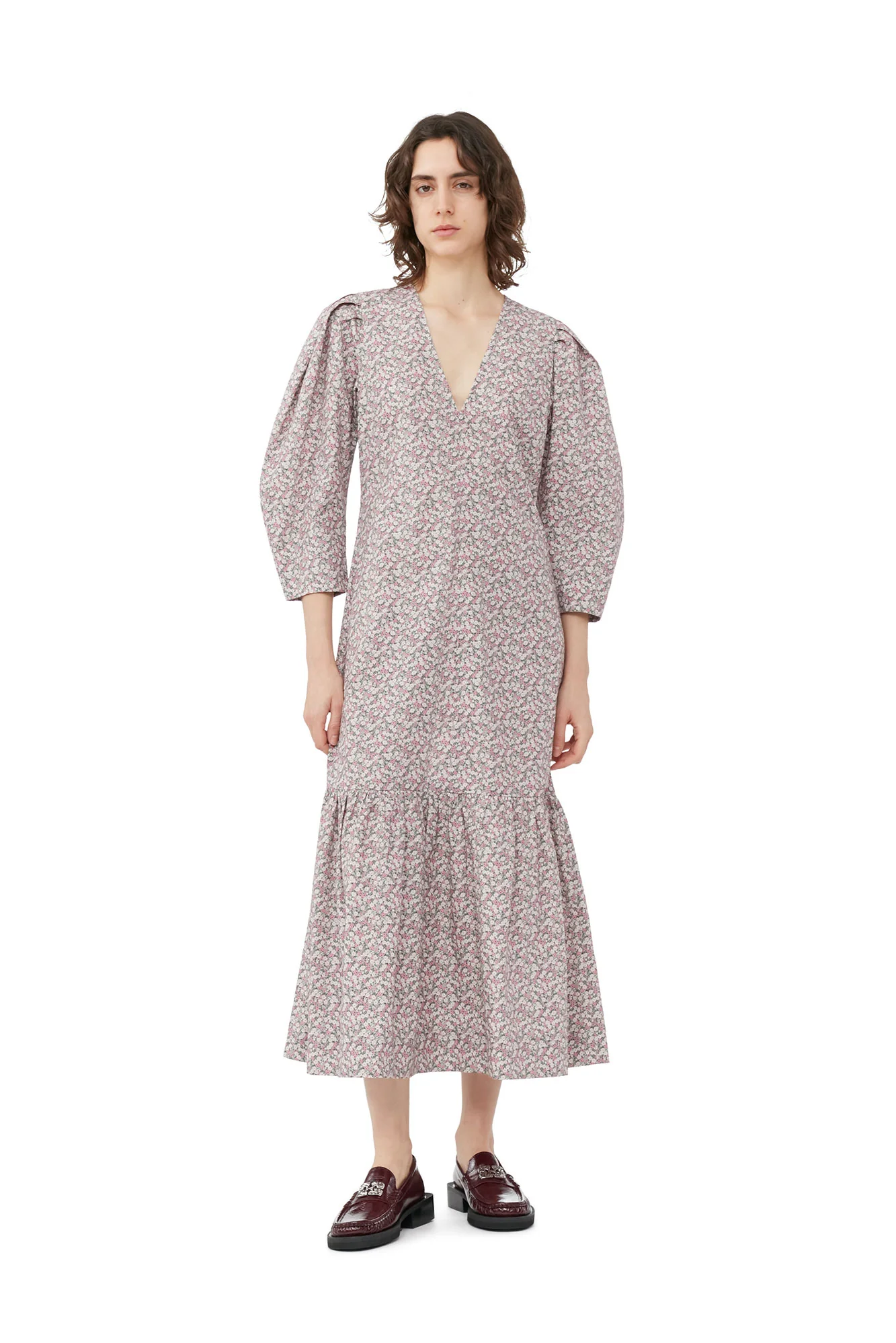 Printed Cotton V-Neck Maxi Dress | Frost Gray - Image 3