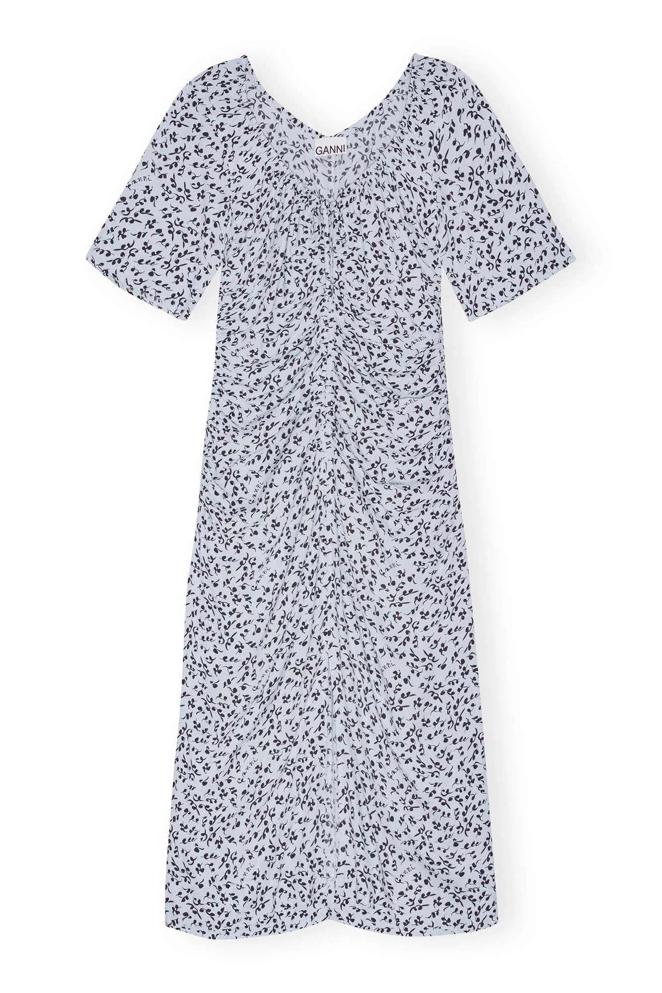 Printed Crepe Gathered U-neck Midi Dress | Heather