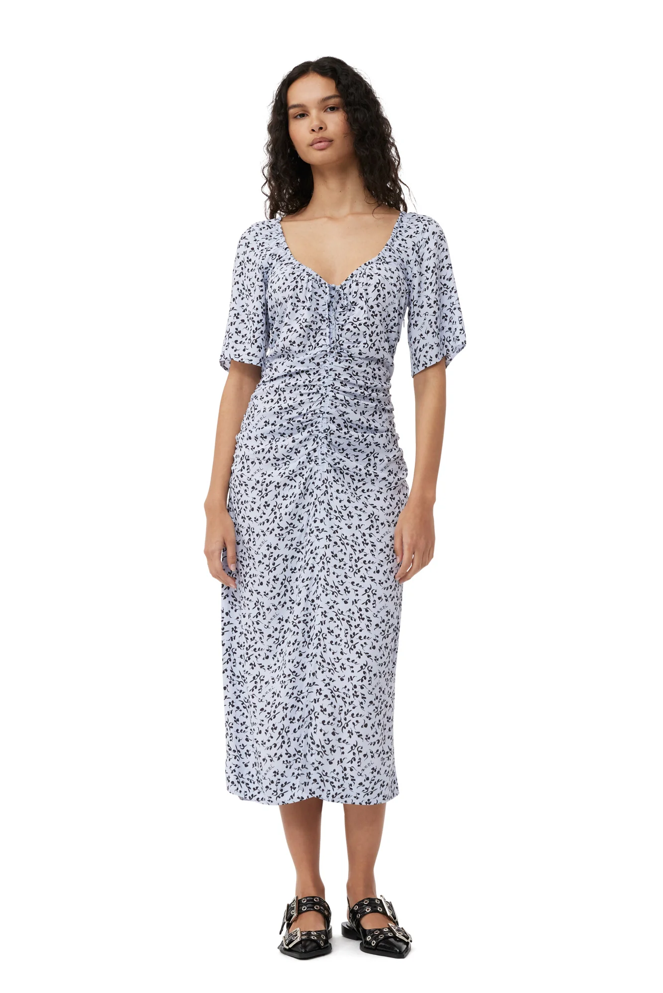Printed Crepe Gathered U-neck Midi Dress | Heather - Image 5