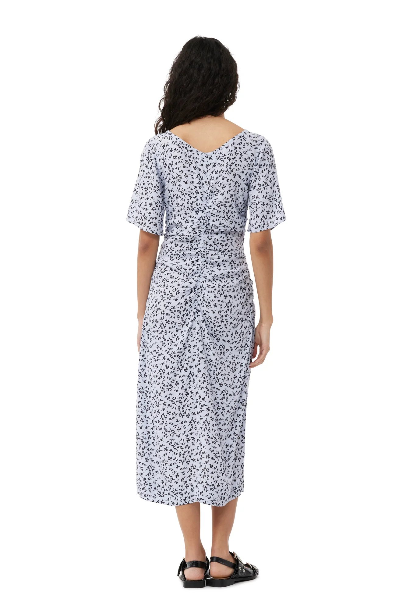 Printed Crepe Gathered U-neck Midi Dress | Heather - Image 6