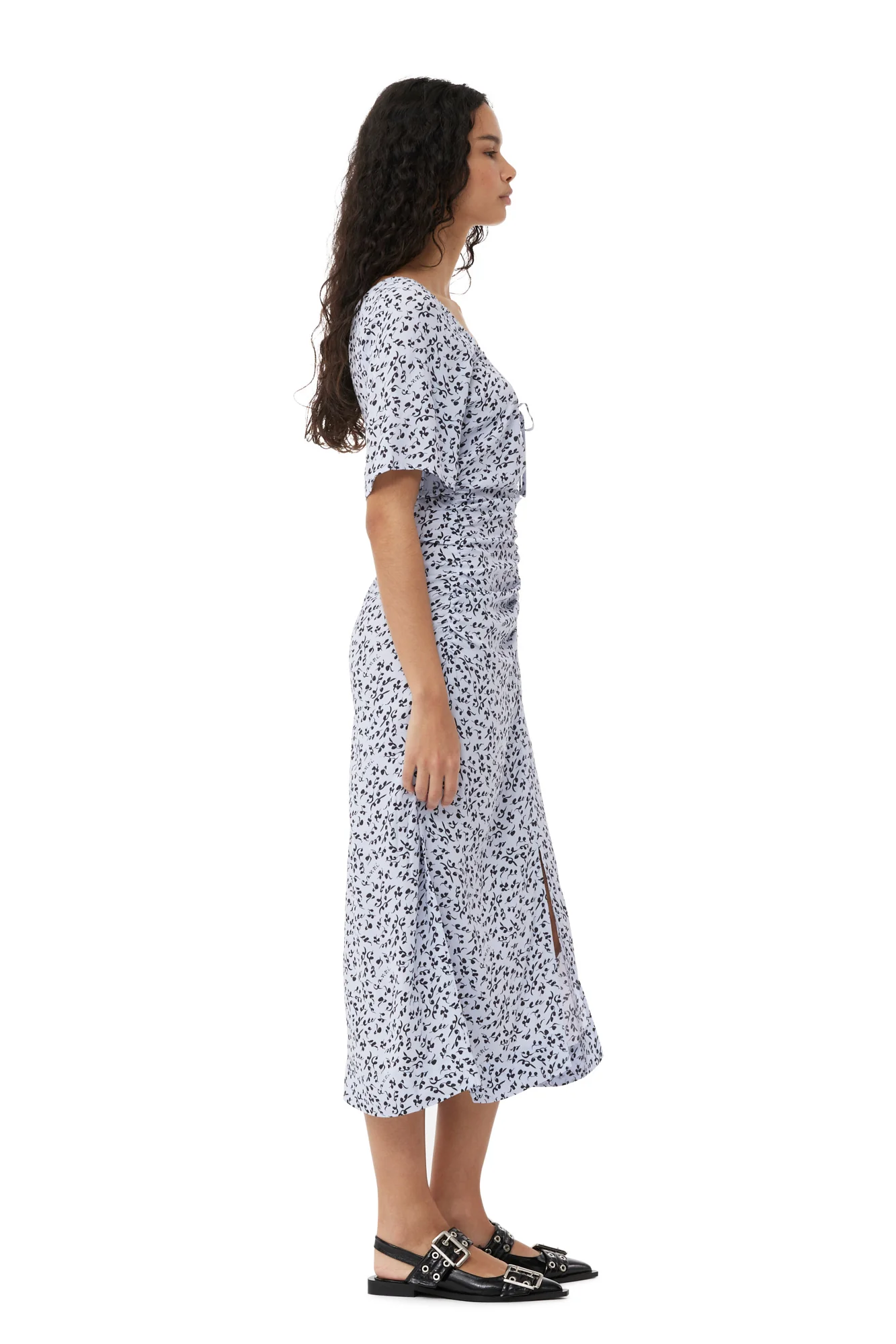 Printed Crepe Gathered U-neck Midi Dress | Heather - Image 7