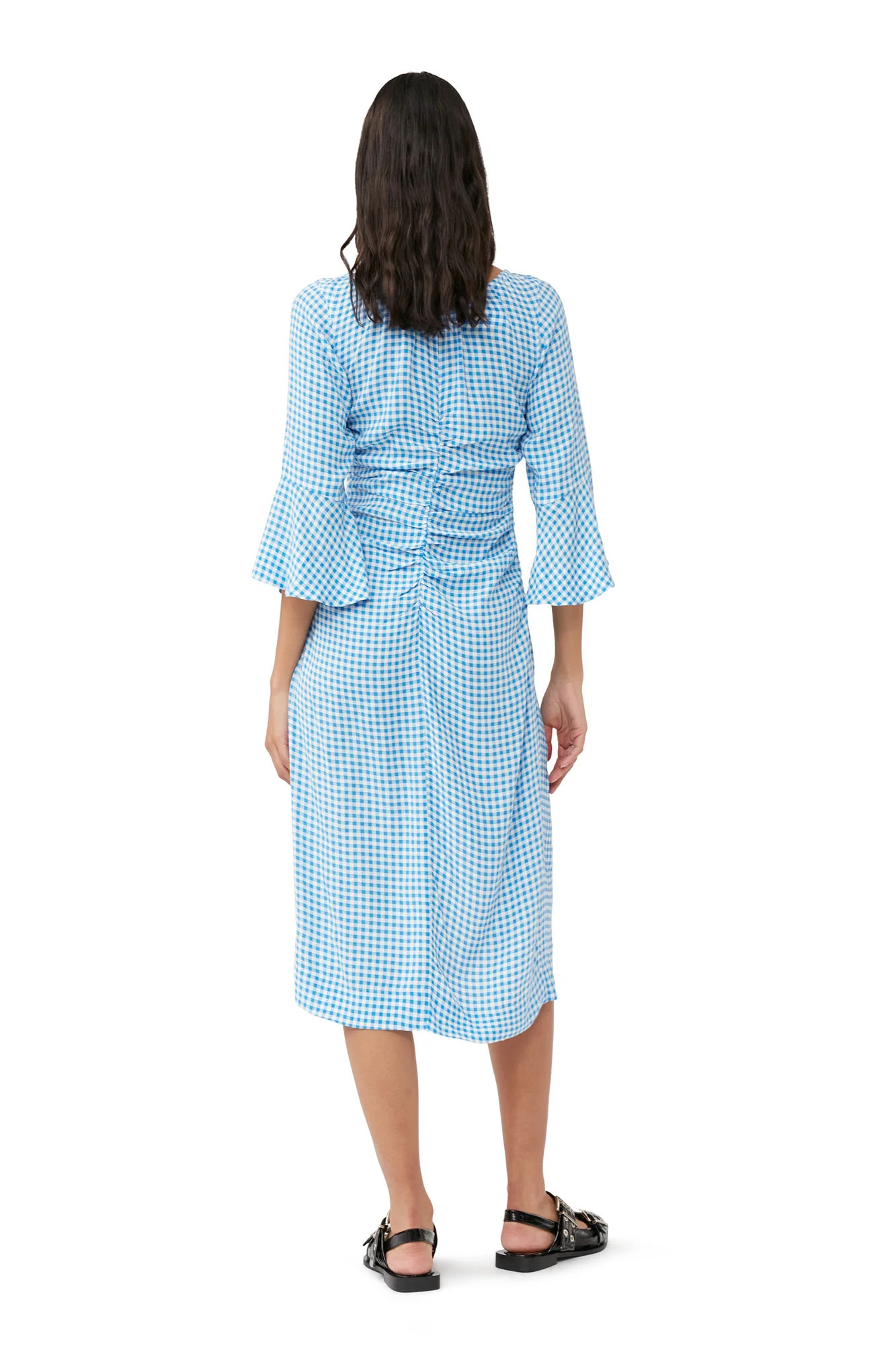 Printed Crepe Gathered U-neck Midi Dress | Strong Blue - Image 5