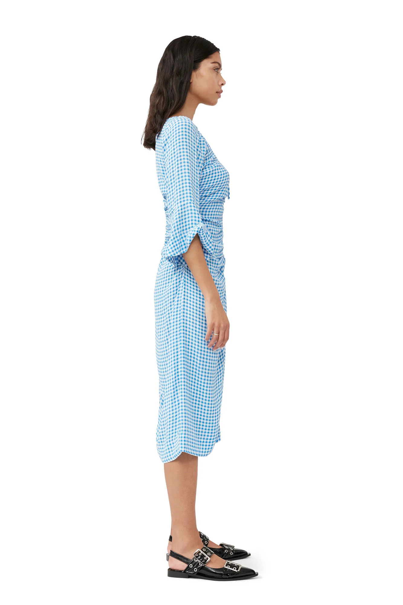 Printed Crepe Gathered U-neck Midi Dress | Strong Blue - Image 6