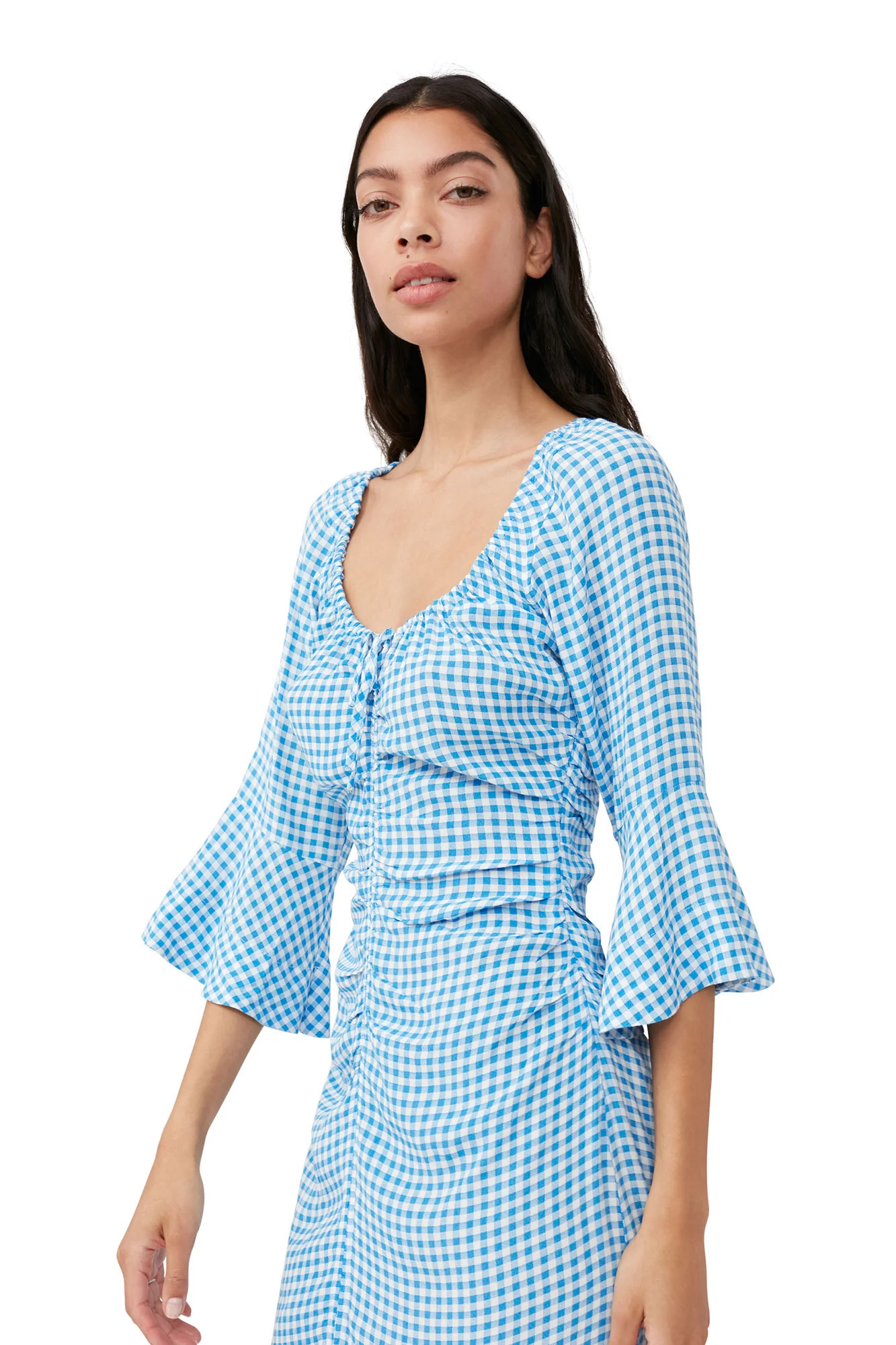 Printed Crepe Gathered U-neck Midi Dress | Strong Blue - Image 7