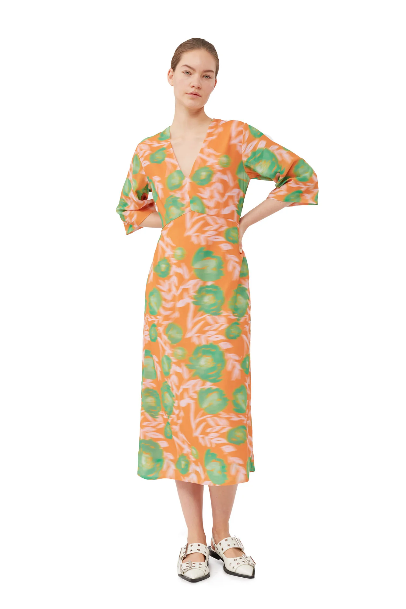 Printed Crepe V-Neck Dress | Vibrant Orange - Image 3