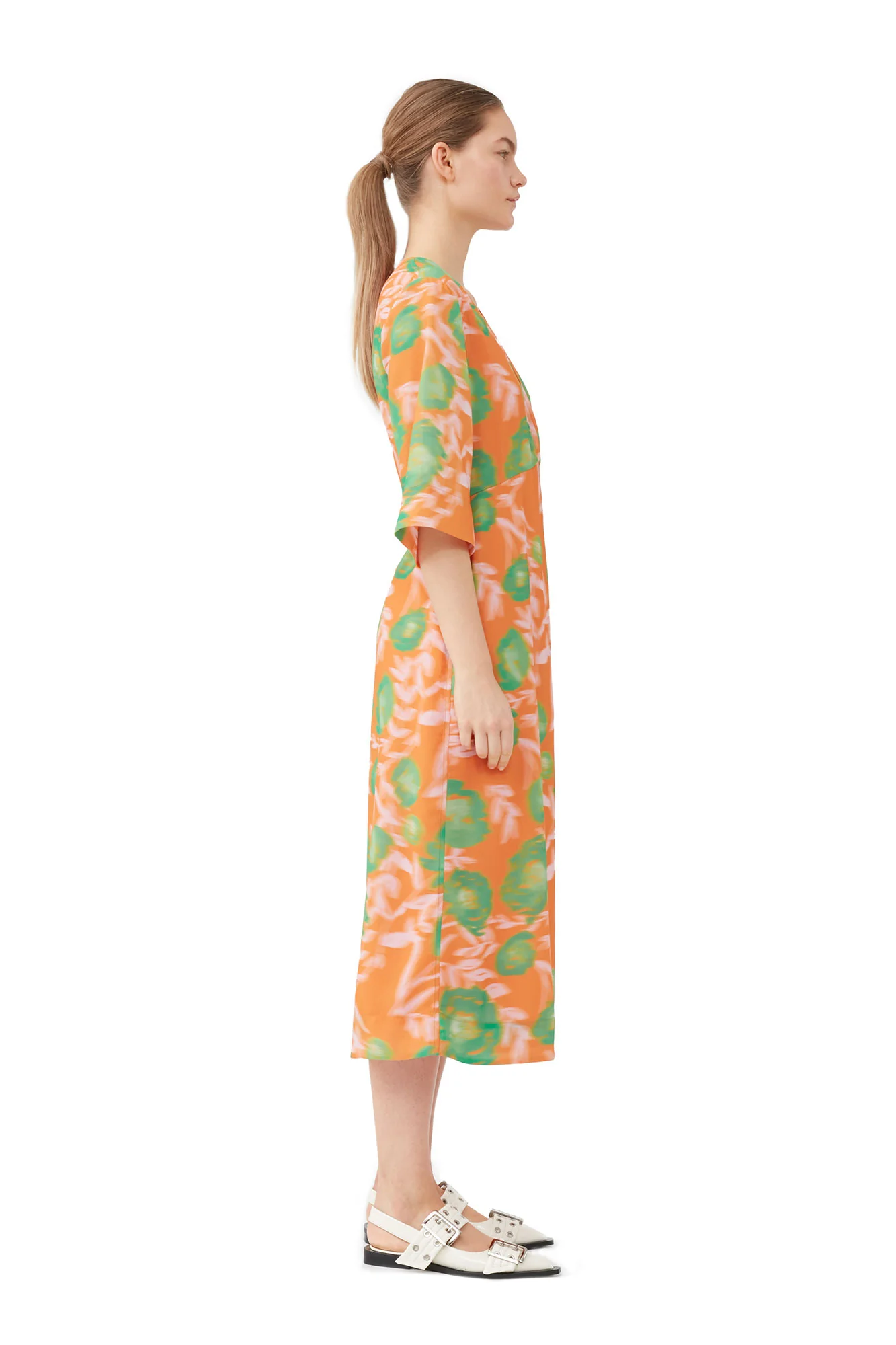 Printed Crepe V-Neck Dress | Vibrant Orange - Image 5