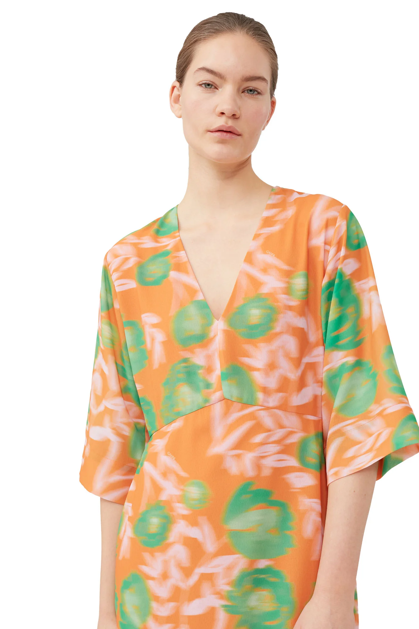 Printed Crepe V-Neck Dress | Vibrant Orange - Image 6