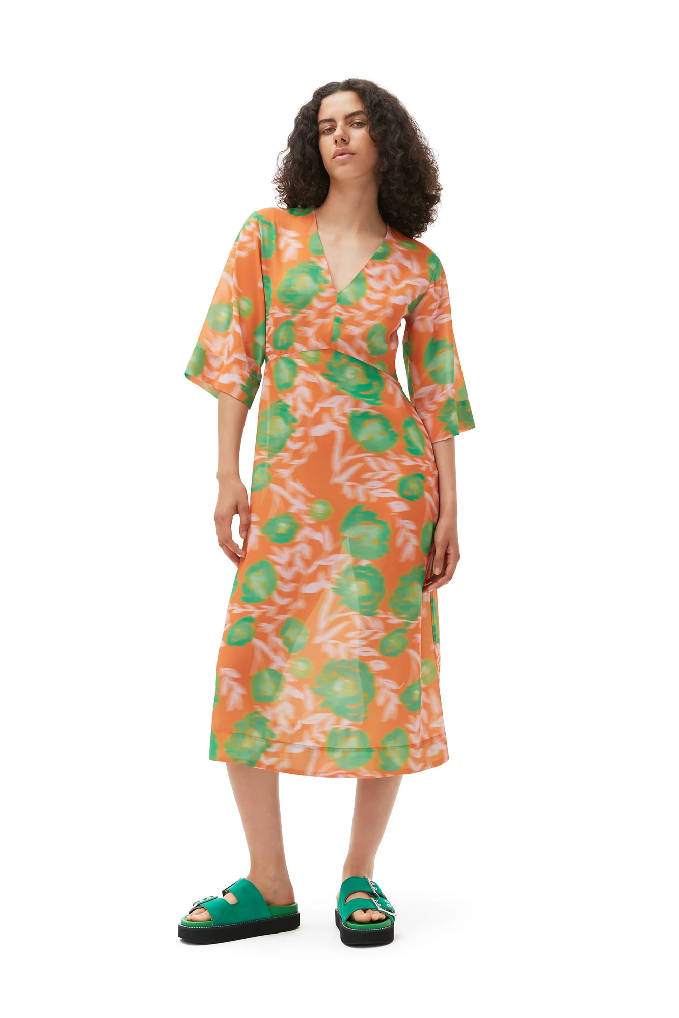Printed Crepe V-Neck Dress | Vibrant Orange - Image 7