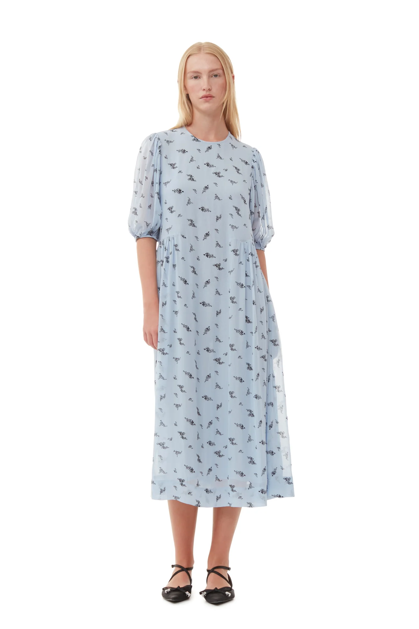 Printed Georgette Puff Sleeve Midi Dress | Brunnera Blue - Image 5