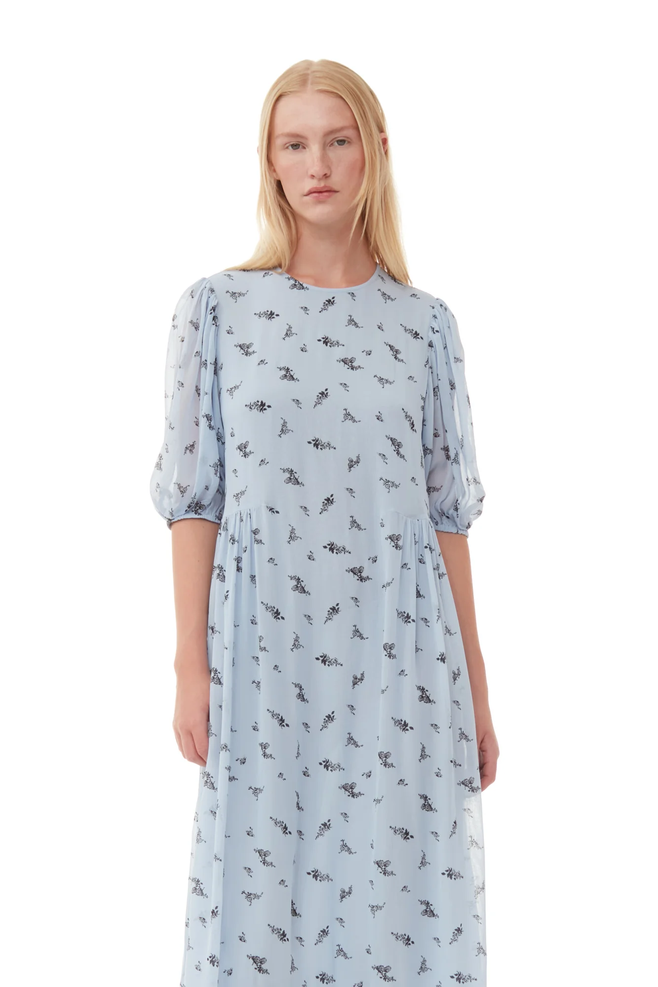 Printed Georgette Puff Sleeve Midi Dress | Brunnera Blue - Image 6