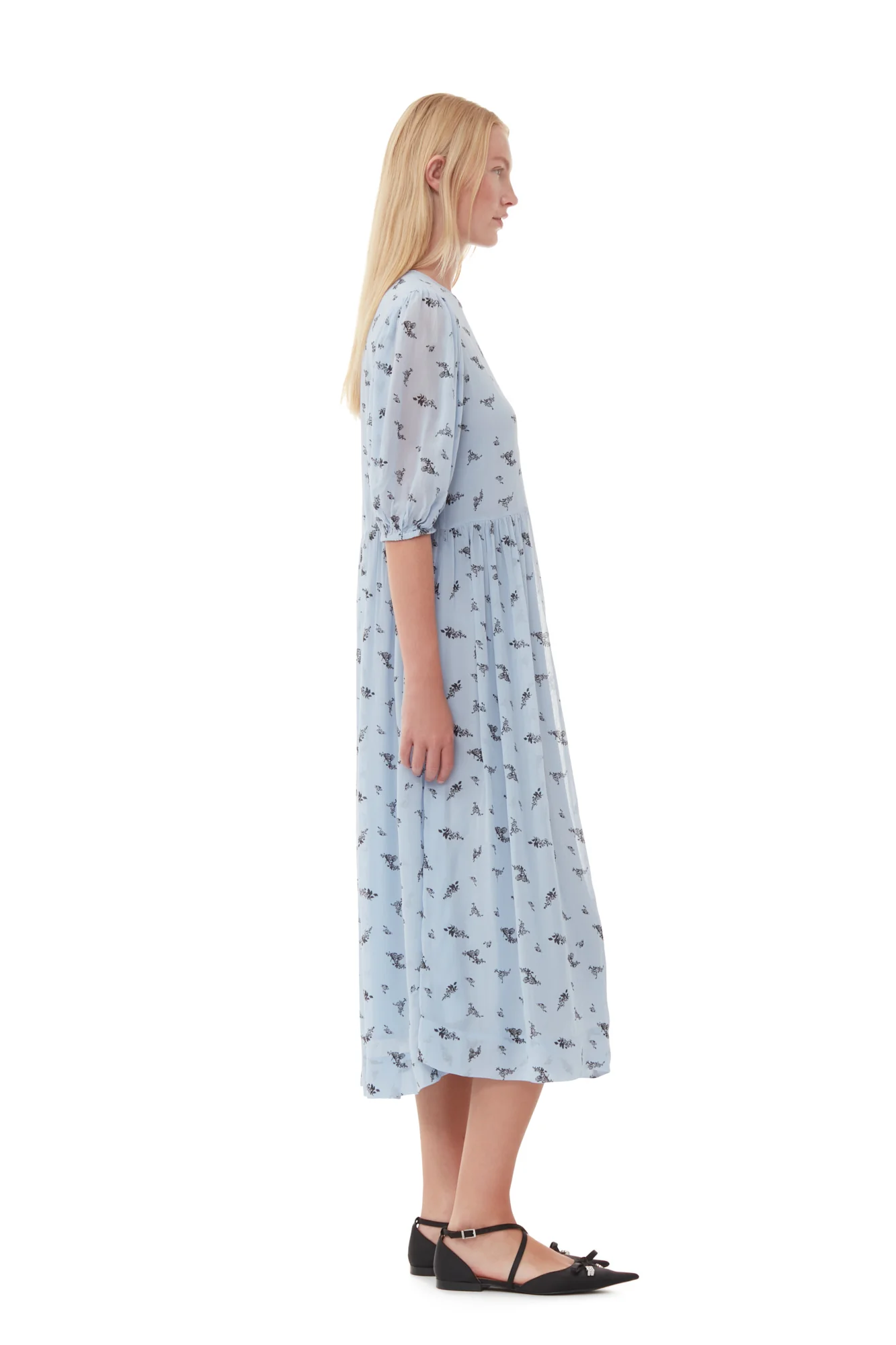 Printed Georgette Puff Sleeve Midi Dress | Brunnera Blue - Image 7
