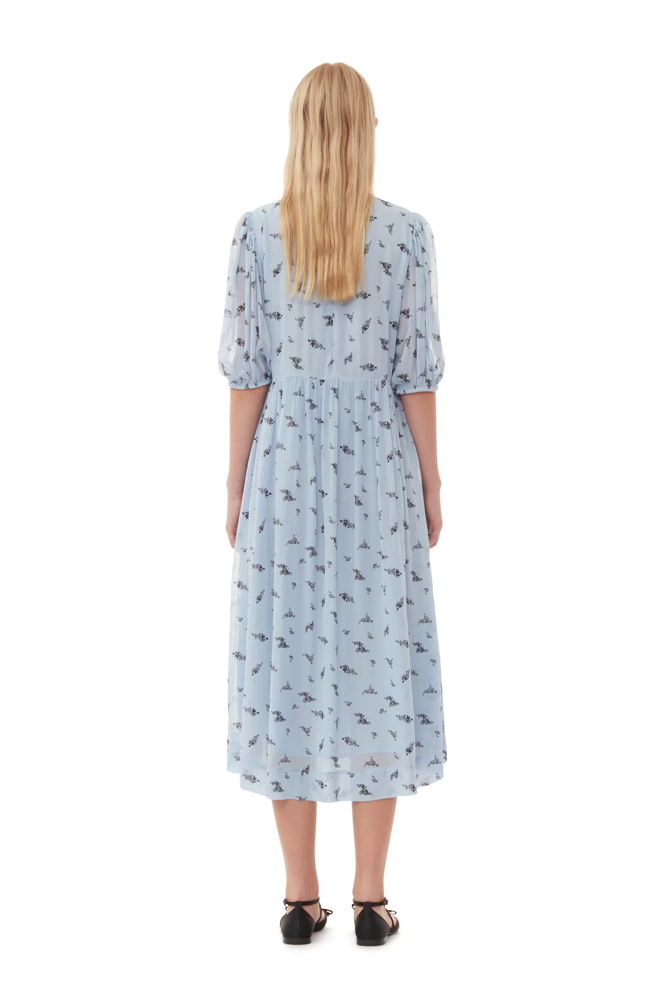 Printed Georgette Puff Sleeve Midi Dress | Brunnera Blue - Image 8