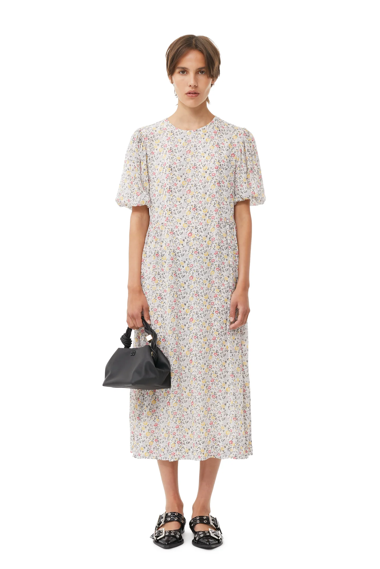 Printed Georgette Puff Sleeve Midi Dress | Egret - Image 3