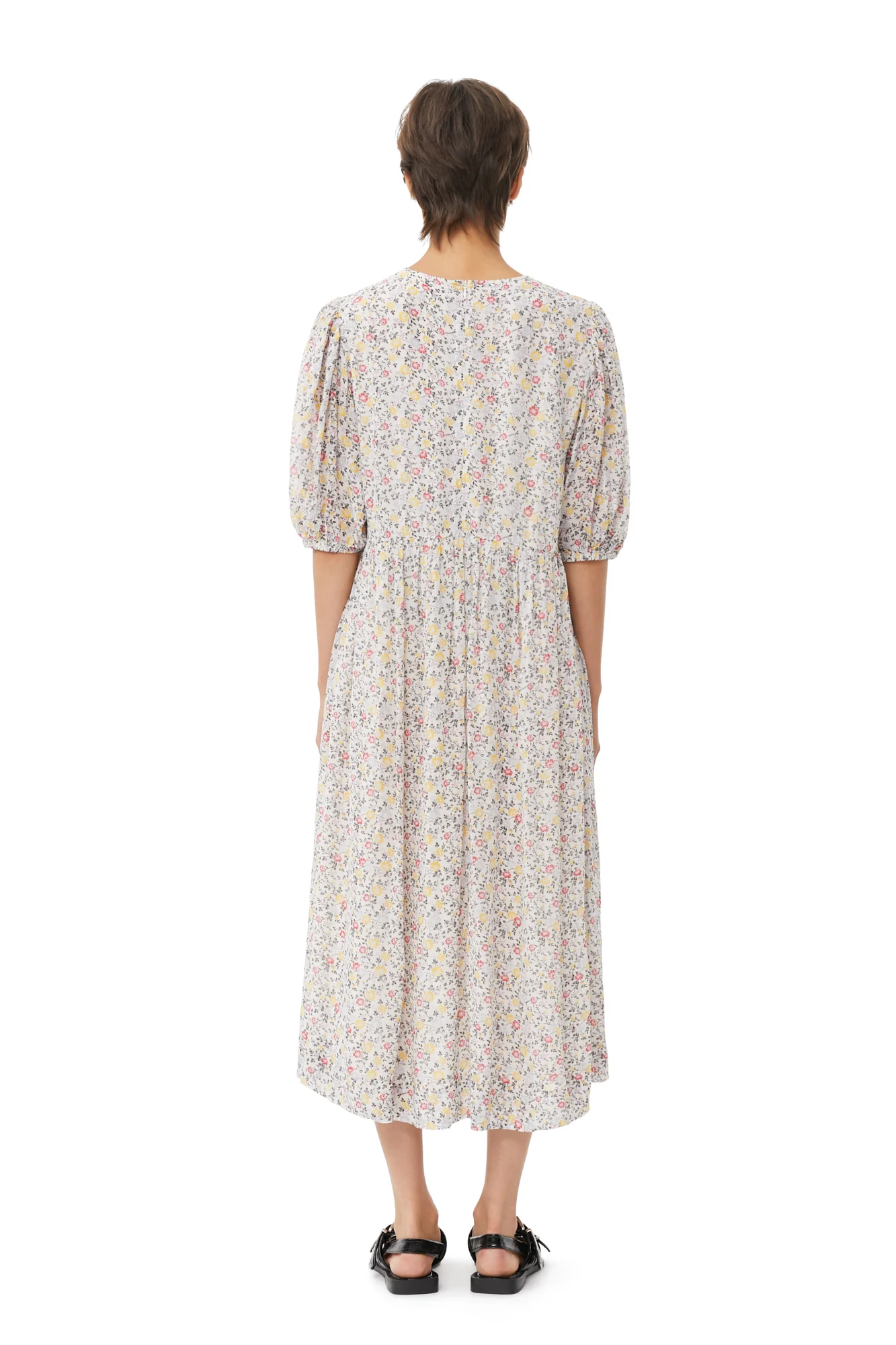 Printed Georgette Puff Sleeve Midi Dress | Egret - Image 4