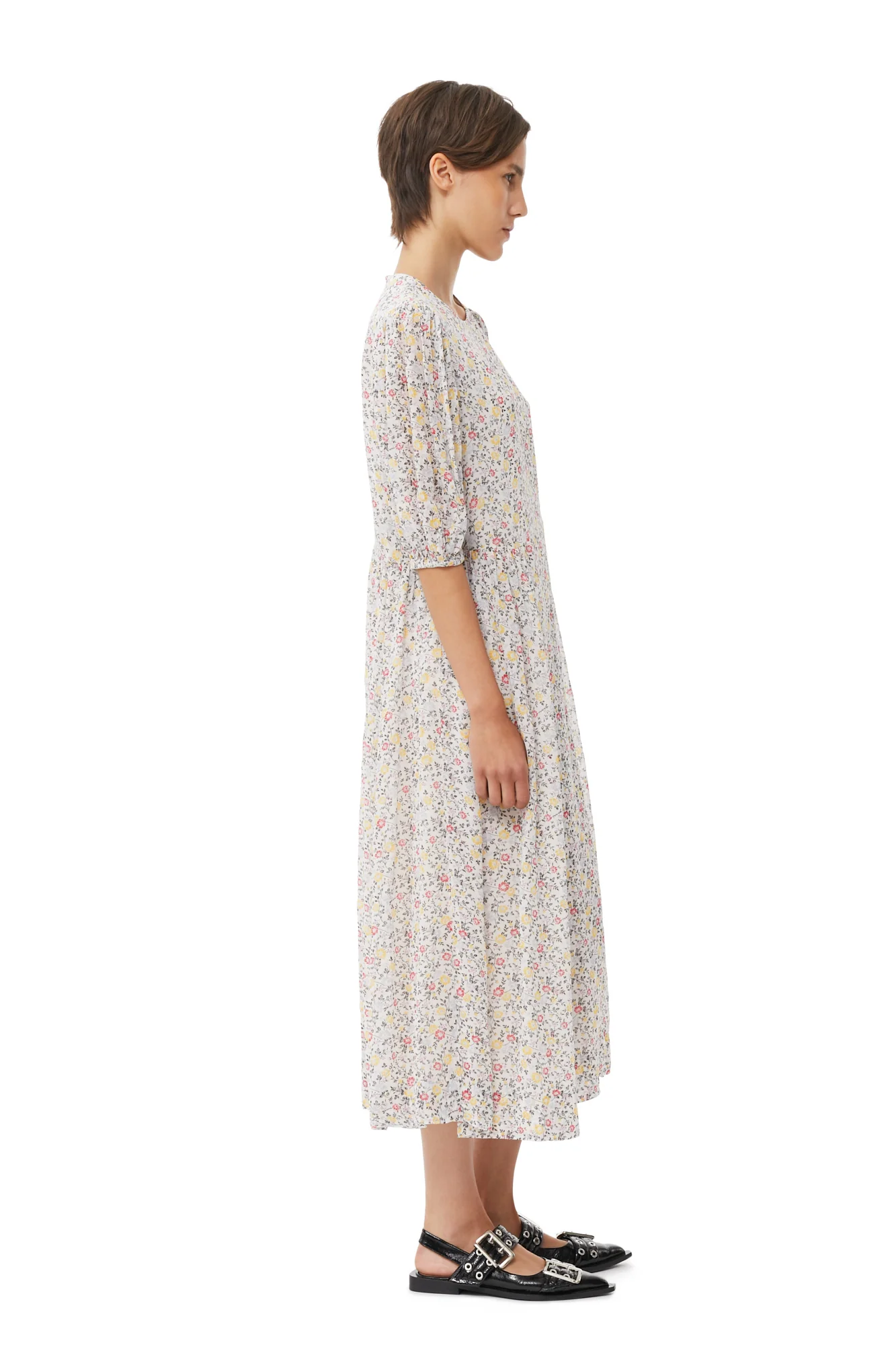 Printed Georgette Puff Sleeve Midi Dress | Egret - Image 5