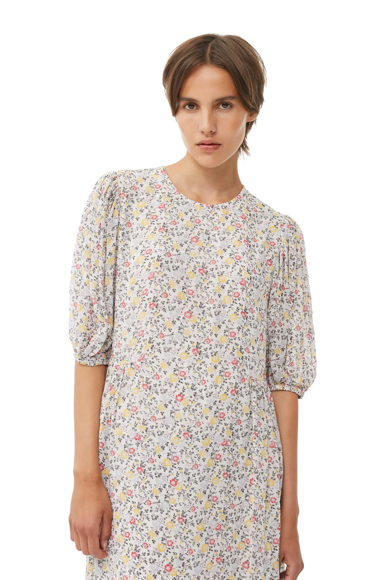 Printed Georgette Puff Sleeve Midi Dress | Egret - Image 6