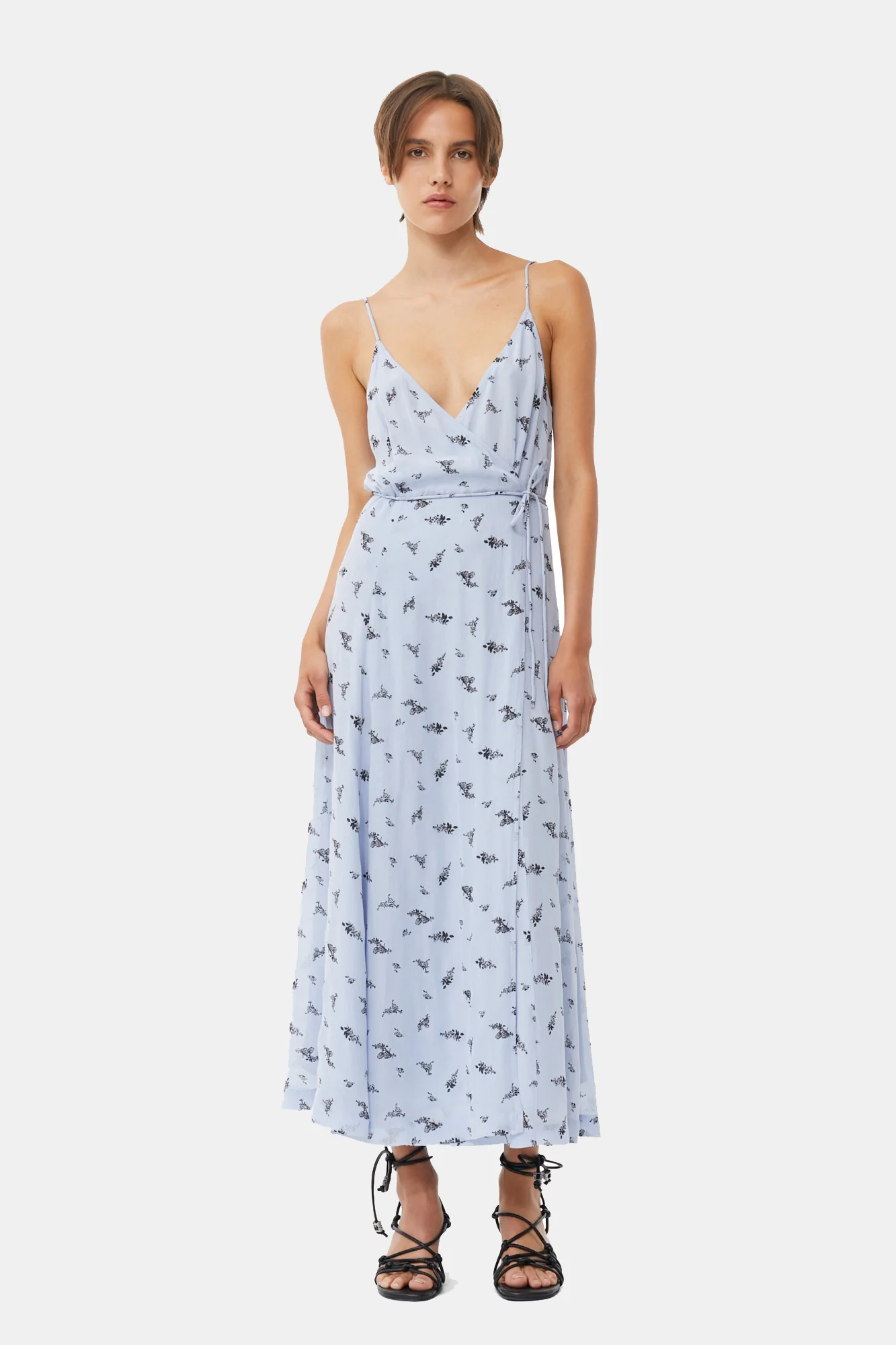 Printed Georgette Strap Wrap Dress | Brunnera Blue - Image 3