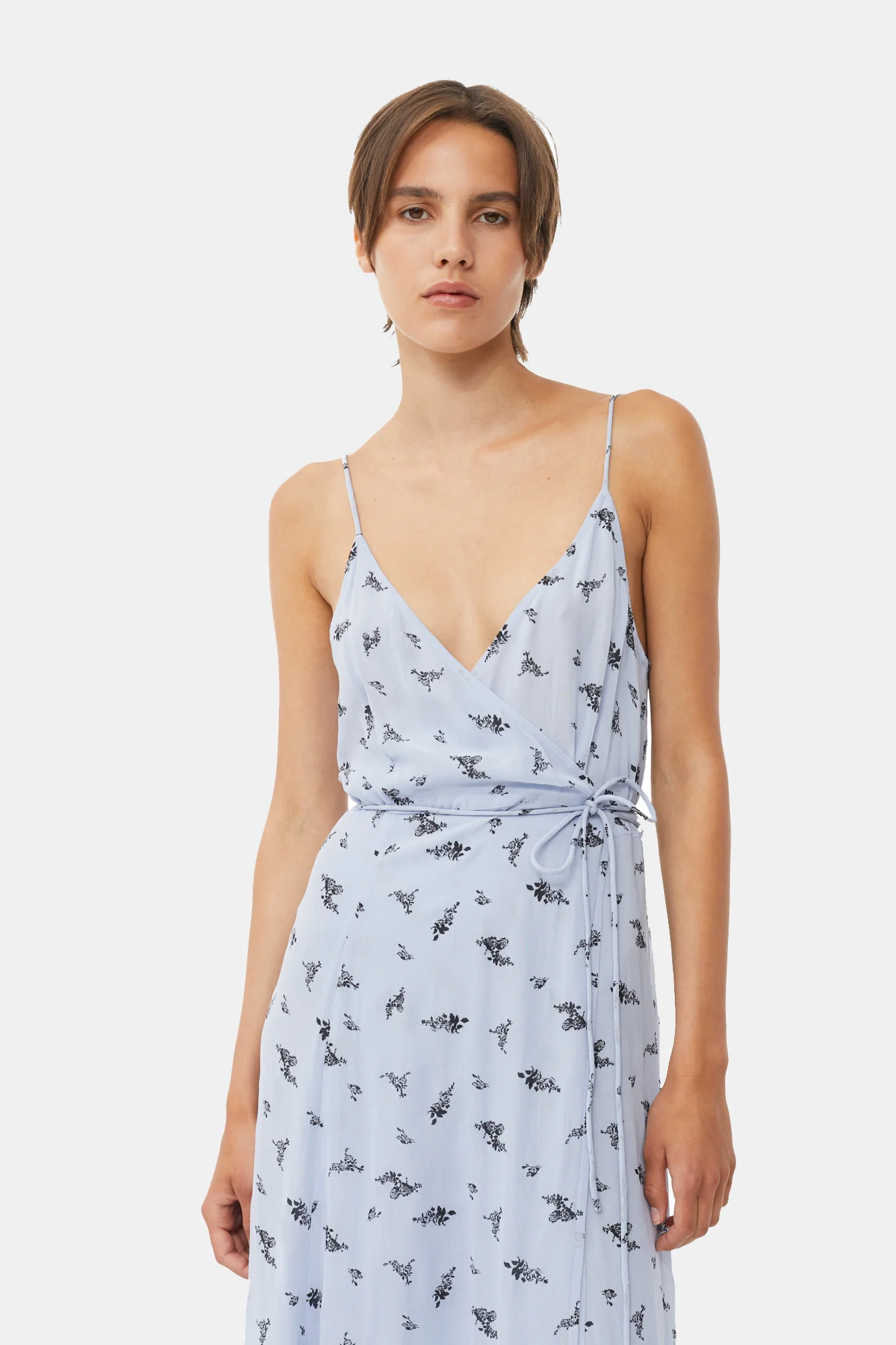 Printed Georgette Strap Wrap Dress | Brunnera Blue - Image 6