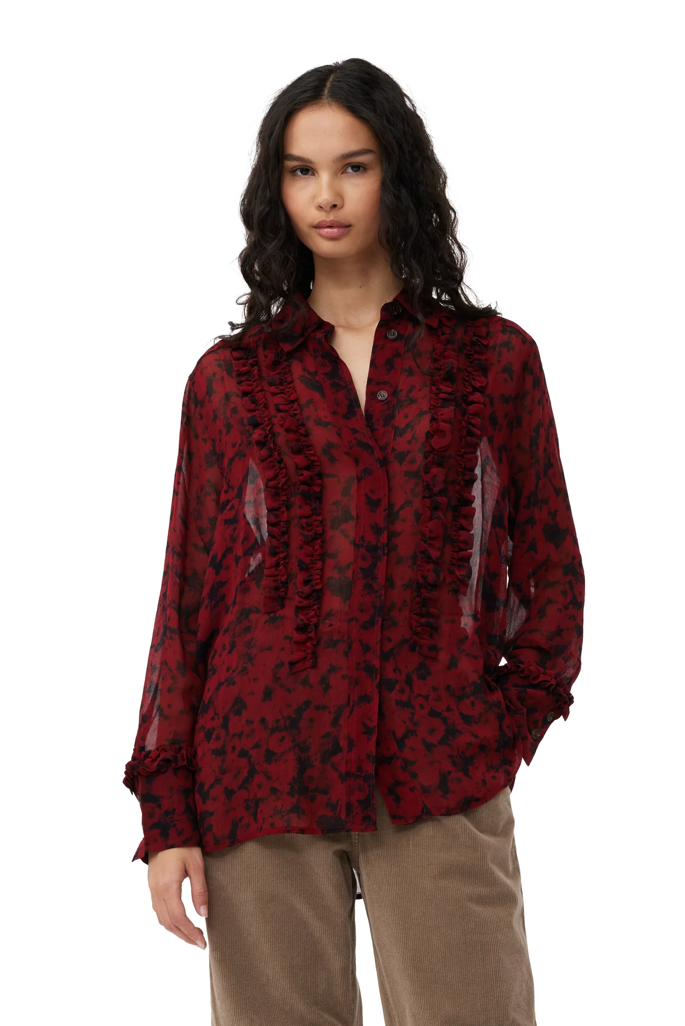 Printed Light Georgette Ruffle Shirt | Syrah - Image 3