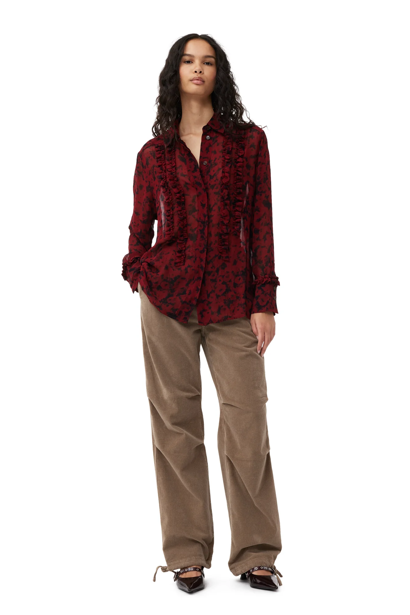 Printed Light Georgette Ruffle Shirt | Syrah - Image 4