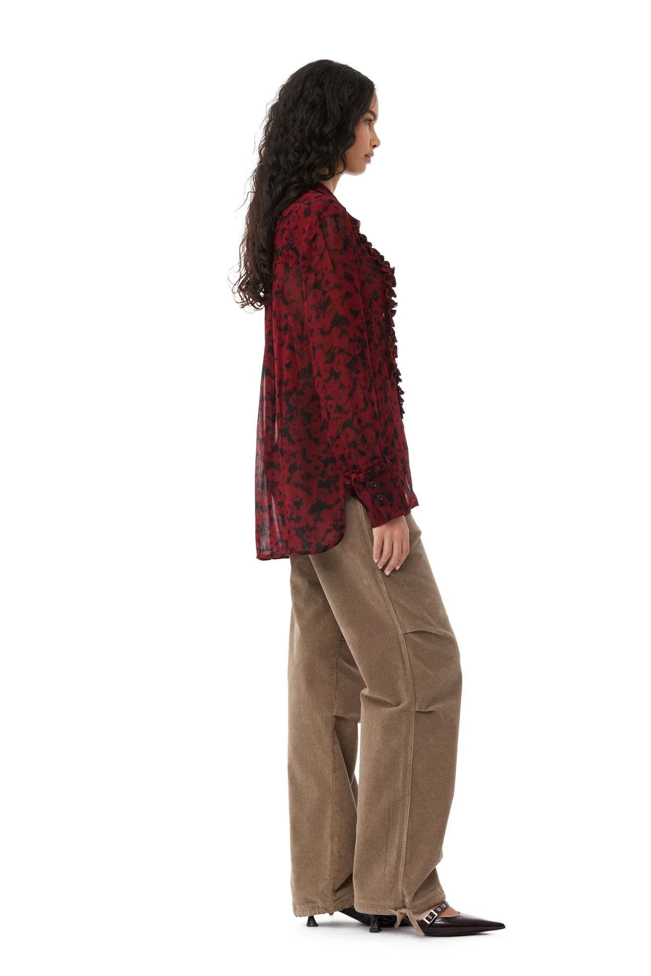 Printed Light Georgette Ruffle Shirt | Syrah - Image 6
