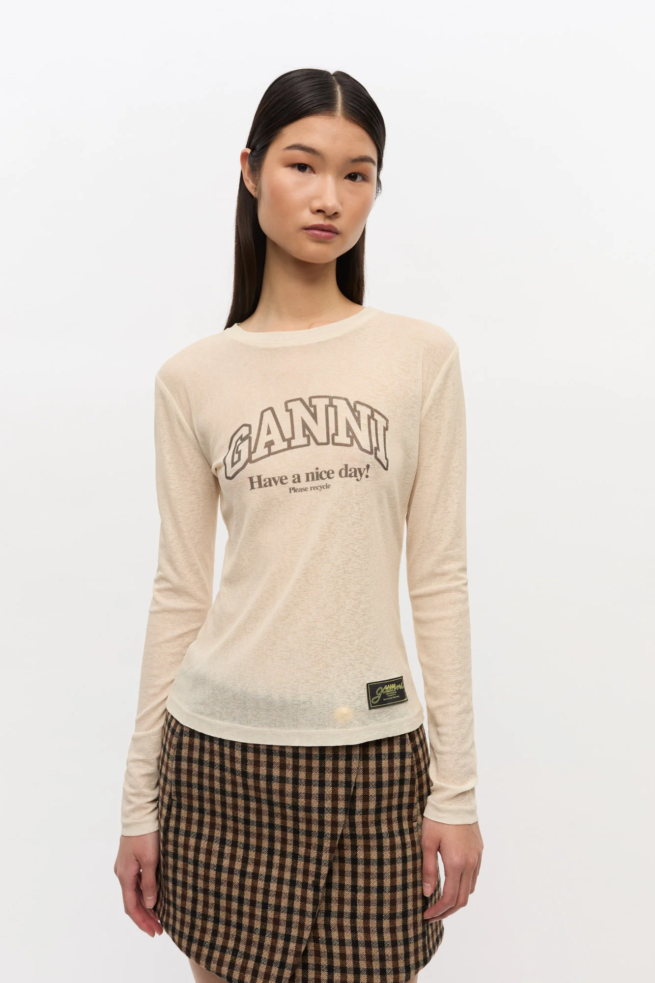 Printed Marl Mesh Long-sleeve Top | Egret - Image 3