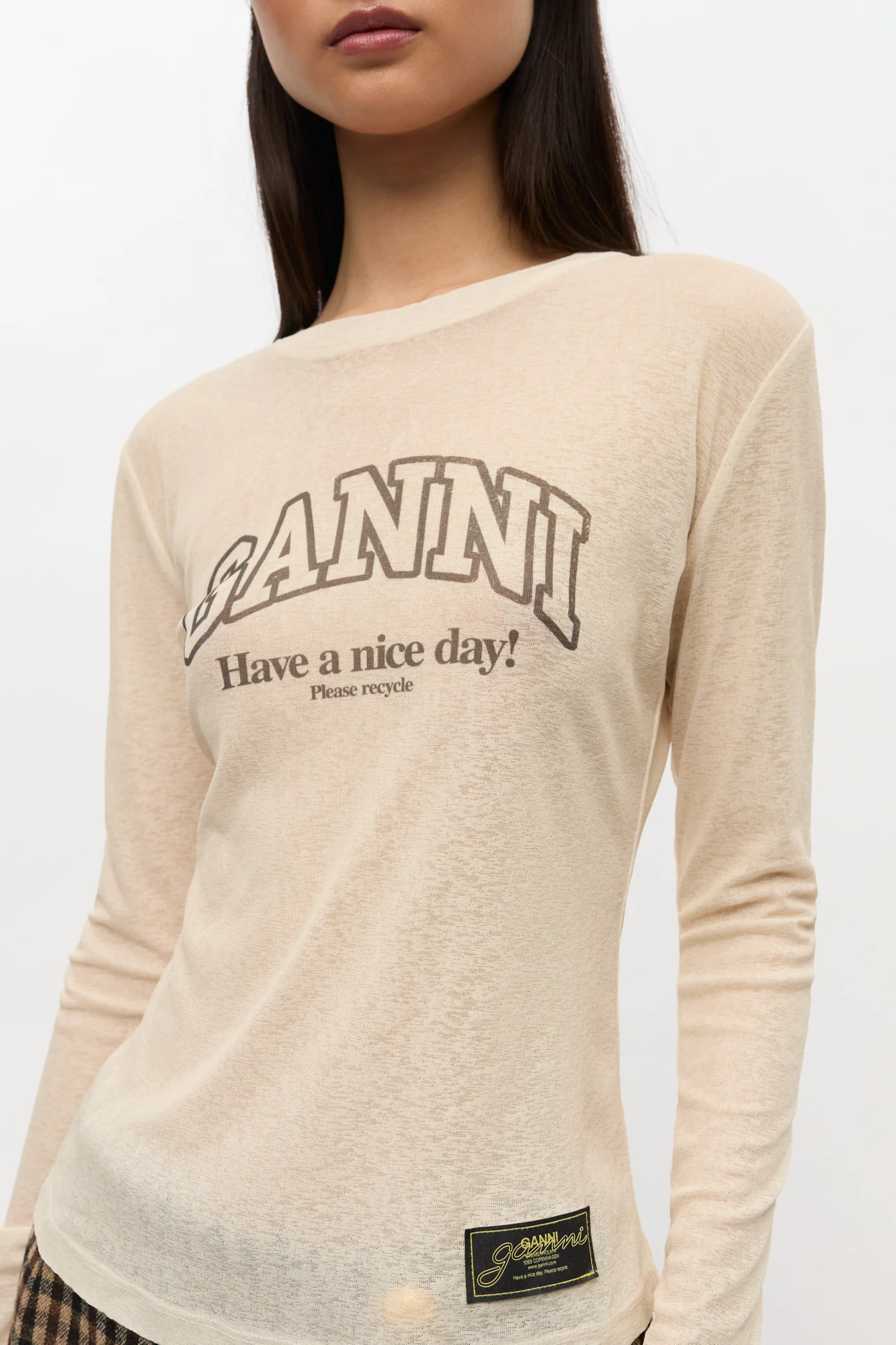 Printed Marl Mesh Long-sleeve Top | Egret - Image 6