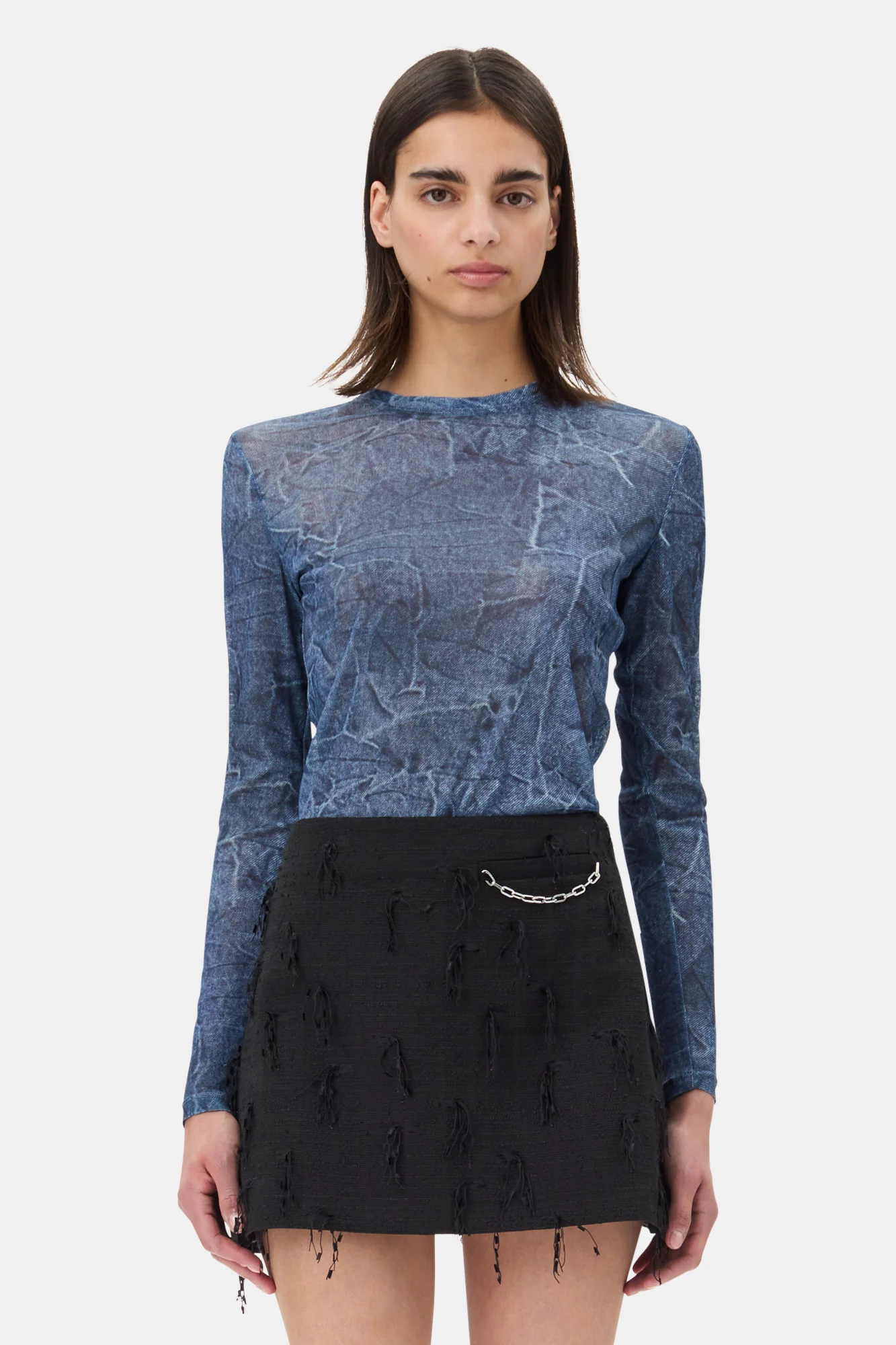 Printed Mesh Blouse | Denim - Image 3