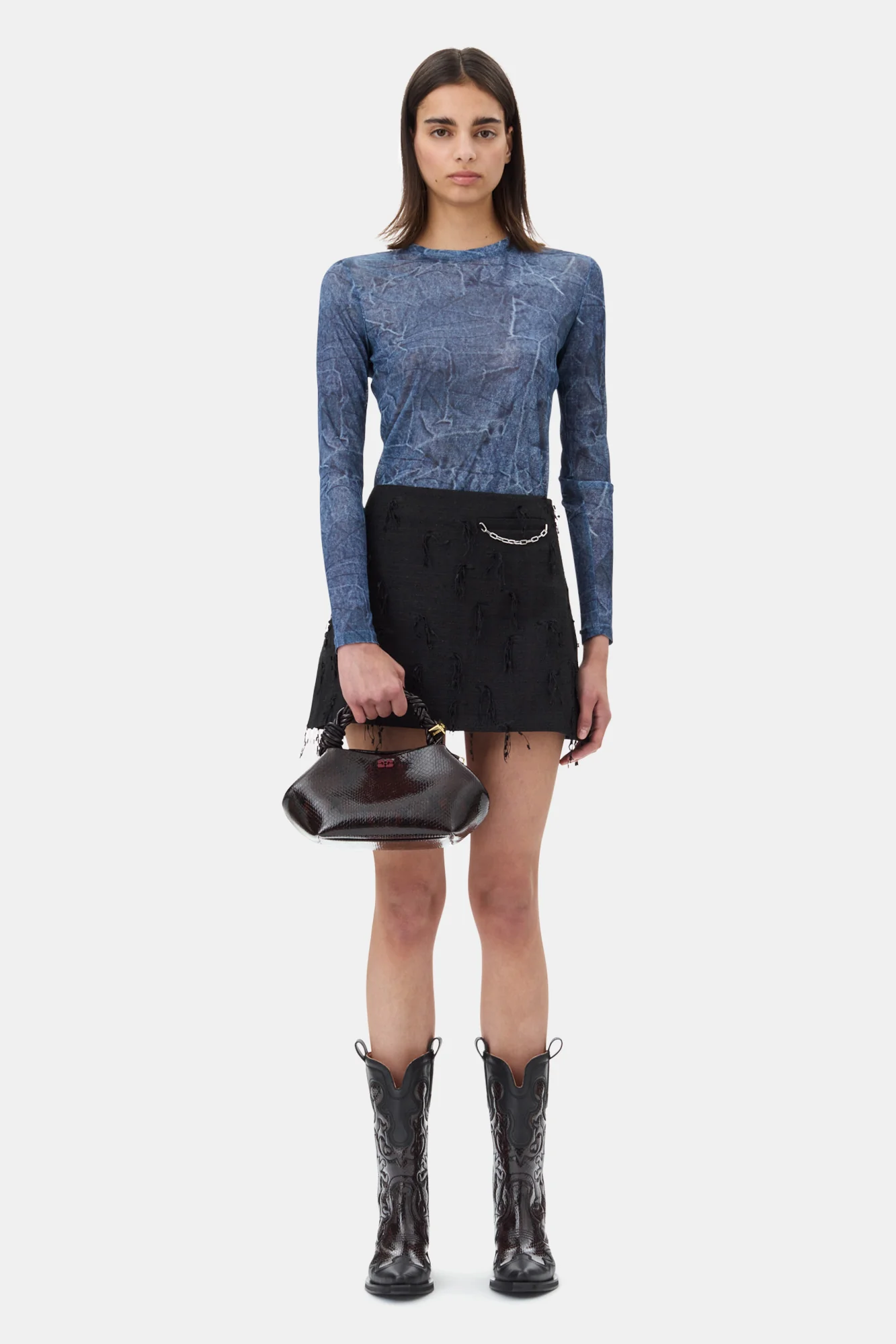 Printed Mesh Blouse | Denim - Image 4