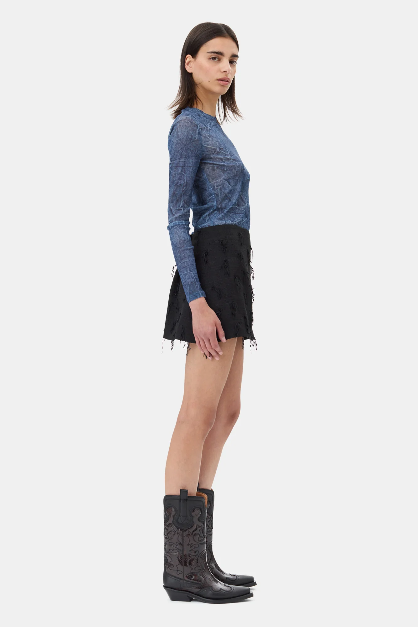 Printed Mesh Blouse | Denim - Image 5