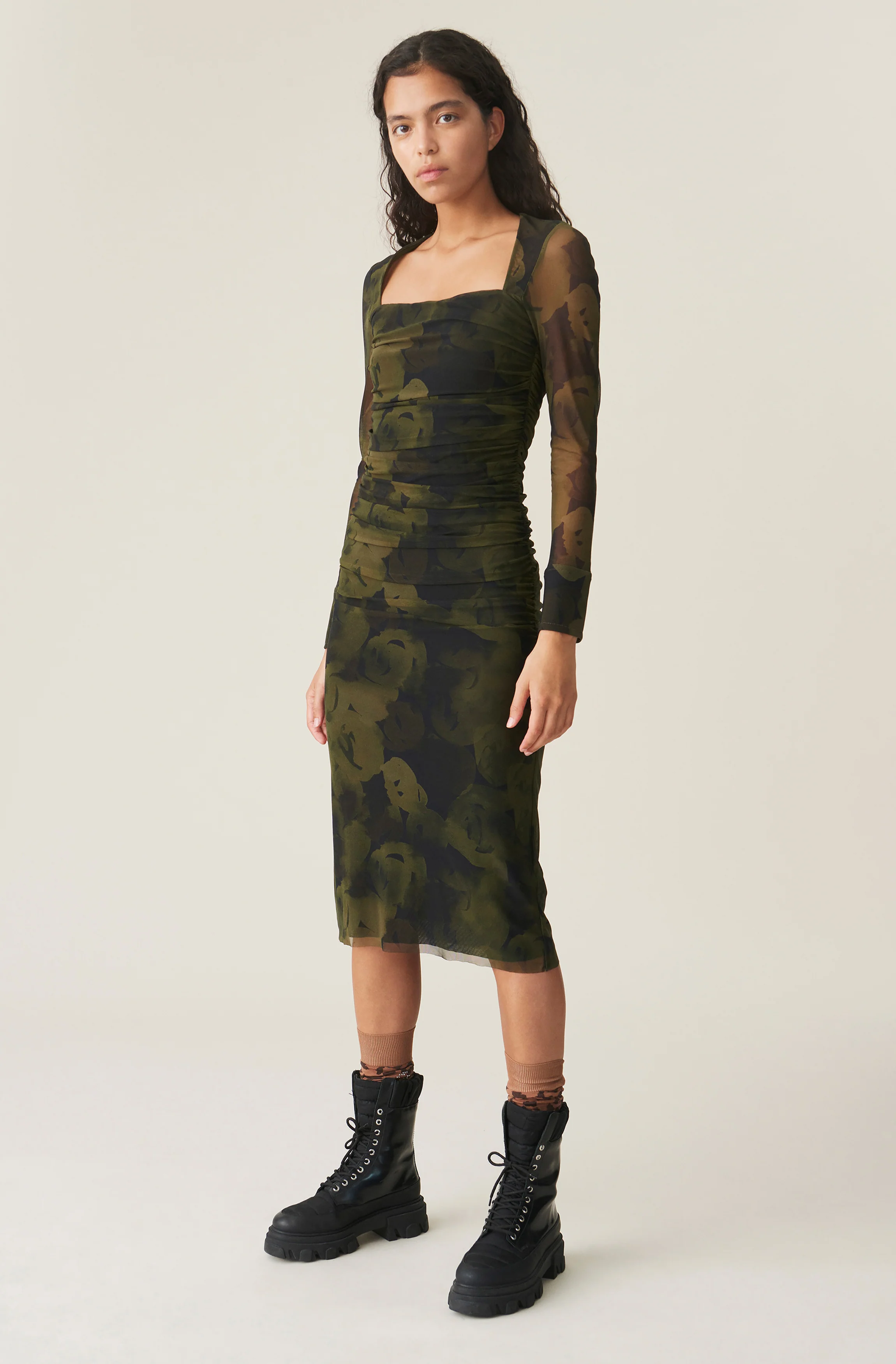 Printed Mesh Dress | Olive Drab - Image 2