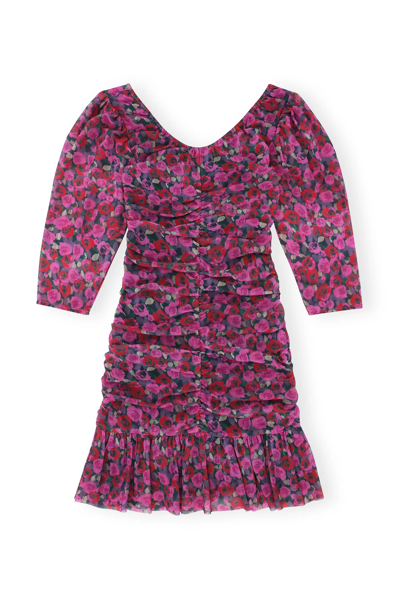 Printed Mesh Flounce Ruched Mini Dress | Fiji Flower - Image 2