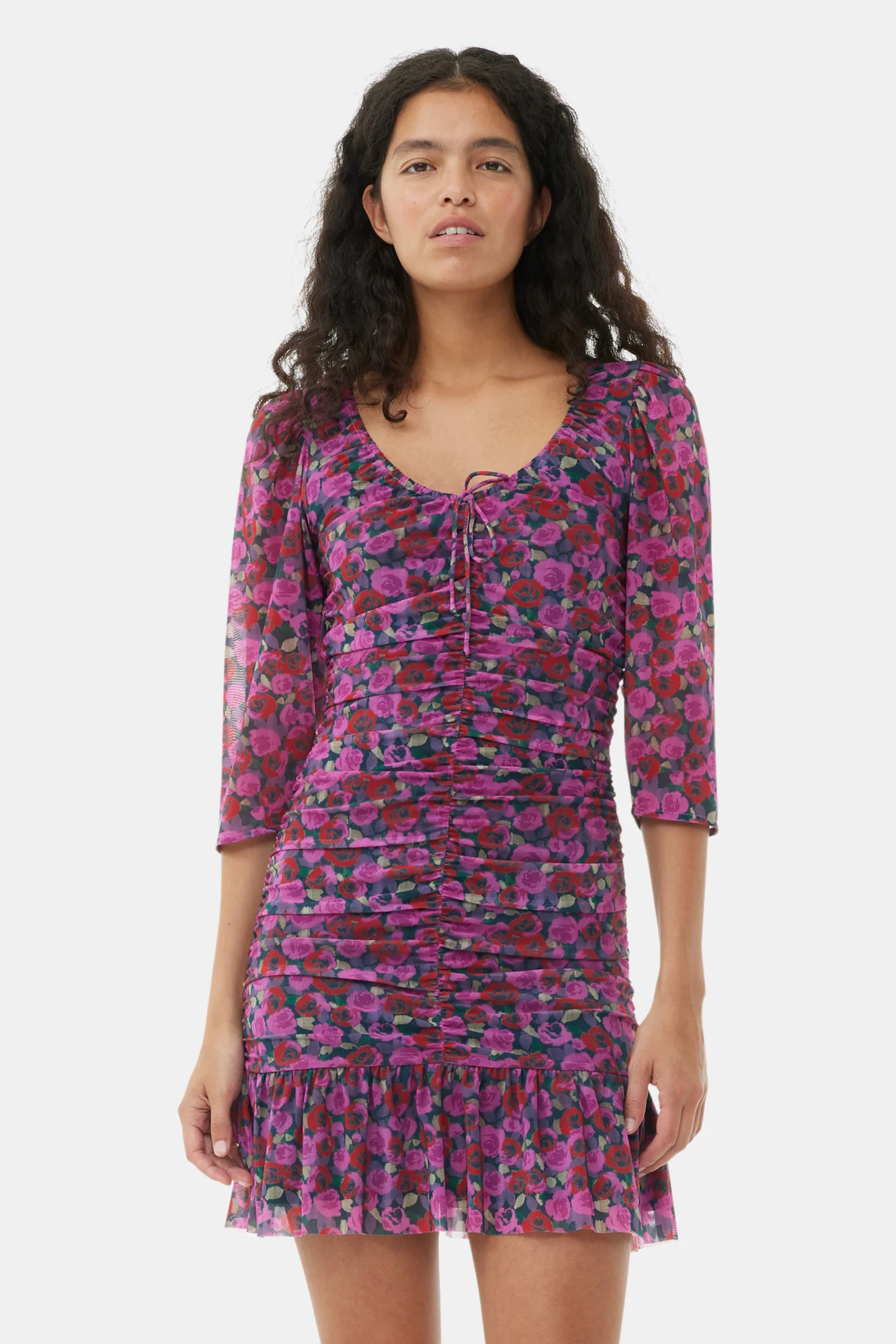 Printed Mesh Flounce Ruched Mini Dress | Fiji Flower - Image 4