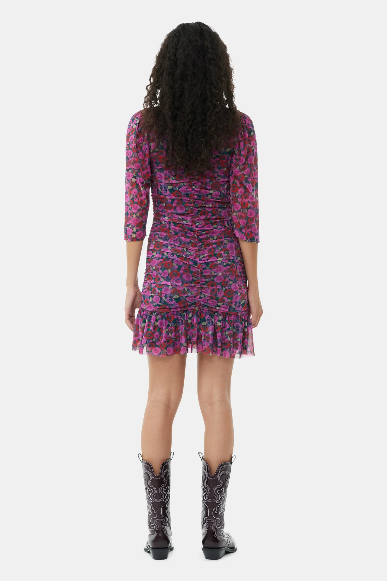 Printed Mesh Flounce Ruched Mini Dress | Fiji Flower - Image 6