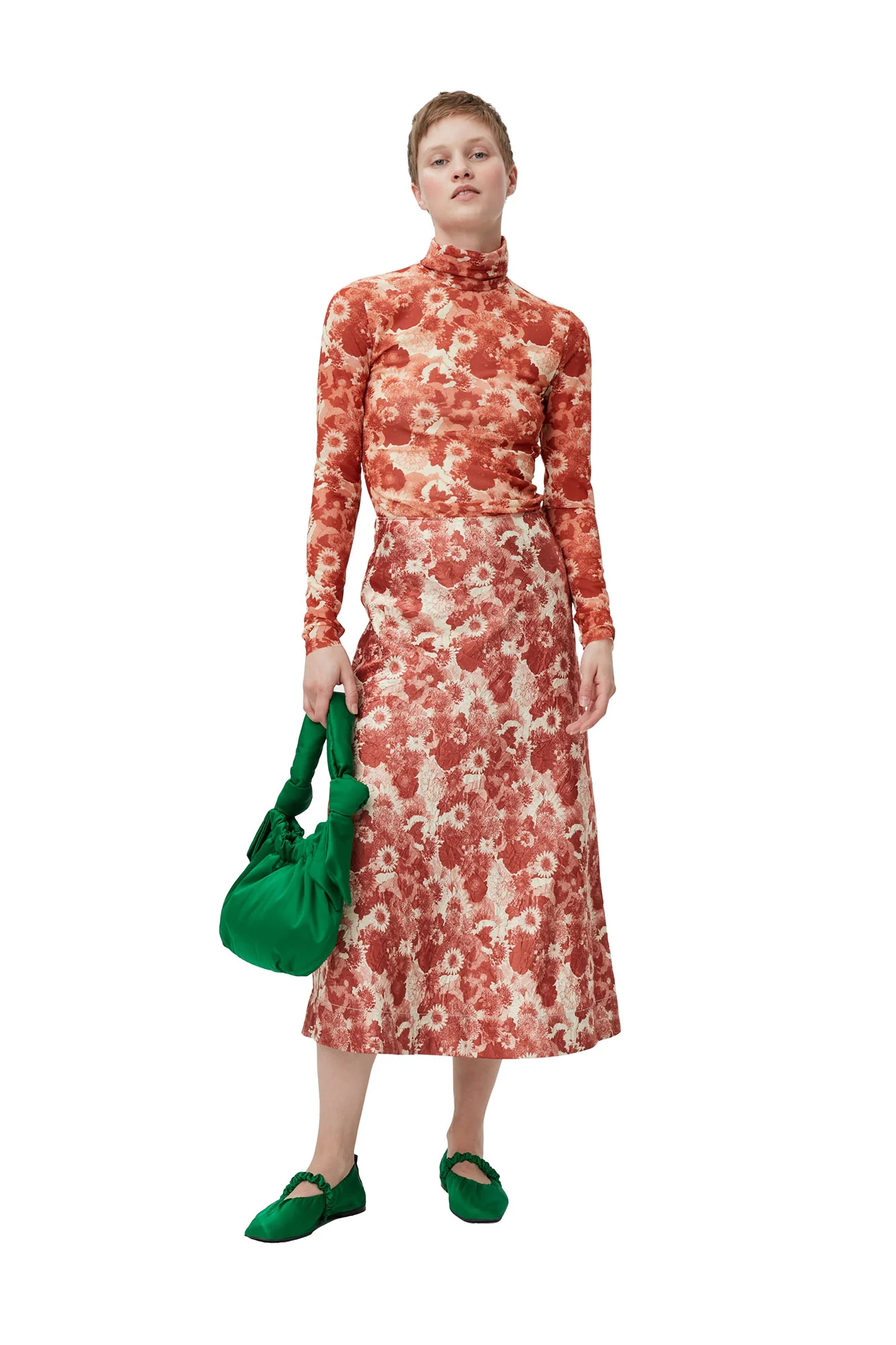 Printed Mesh Long-sleeve Roll Neck | Marsala - Image 3