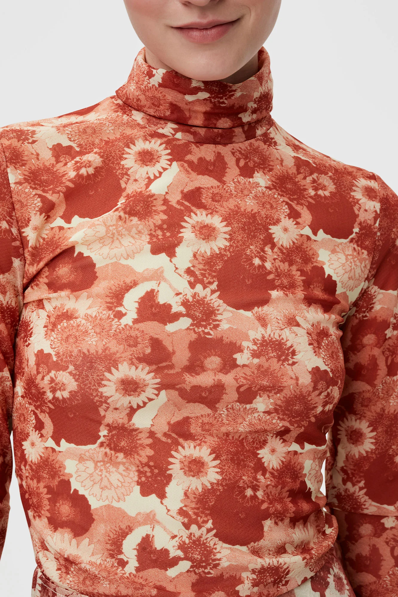 Printed Mesh Long-sleeve Roll Neck | Marsala - Image 6