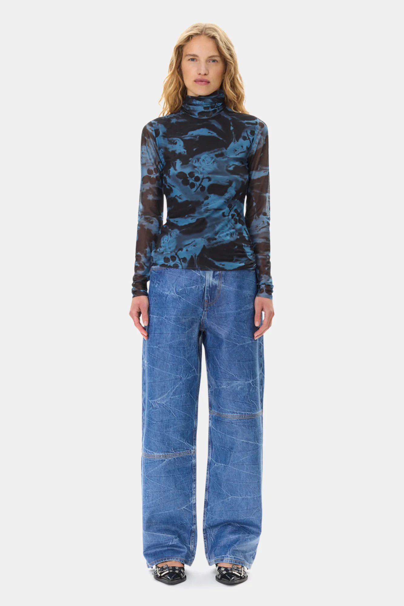 Printed Mesh Long Sleeve Rollneck | Blue Shadow - Image 3