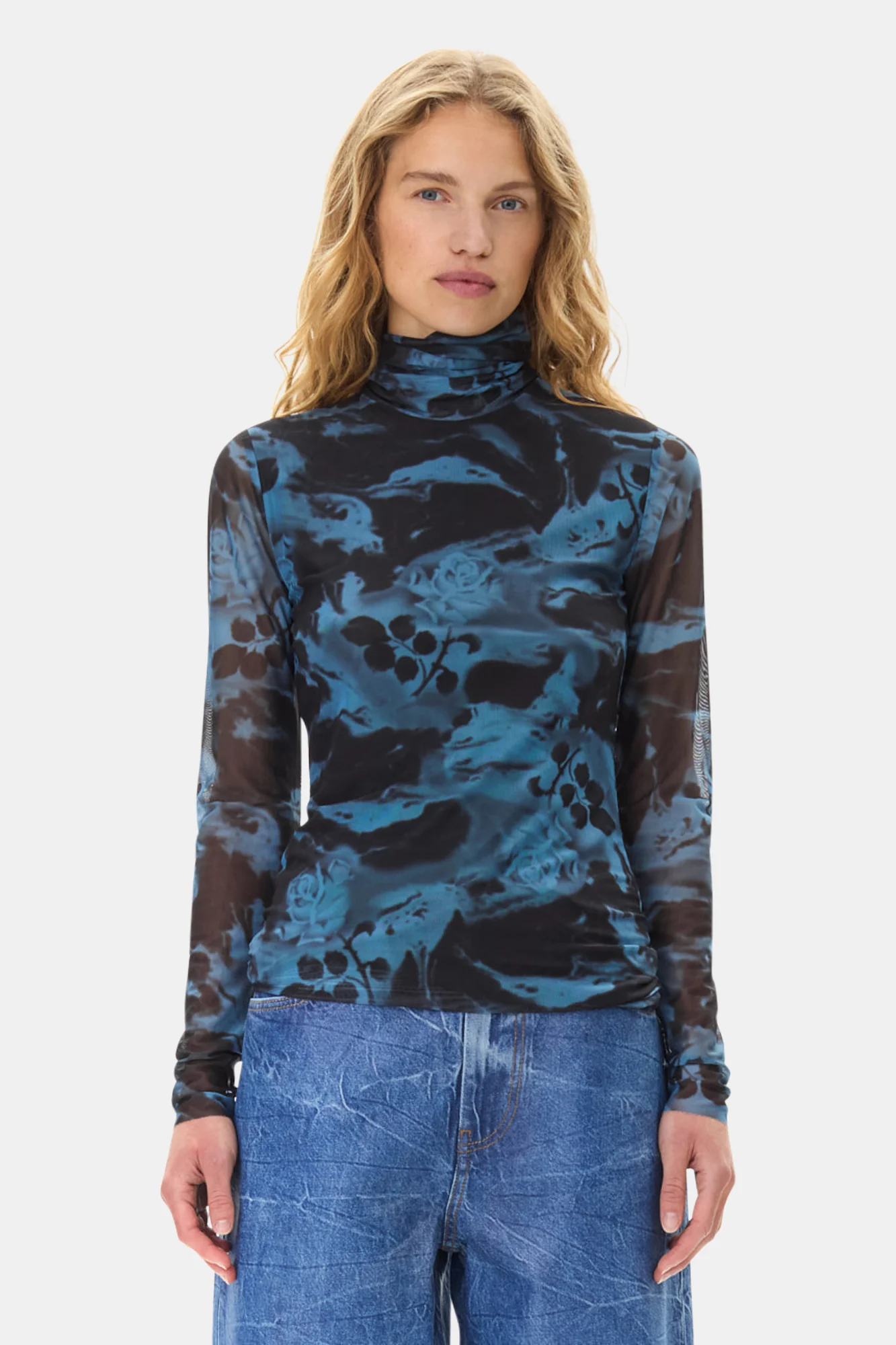 Printed Mesh Long Sleeve Rollneck | Blue Shadow - Image 4
