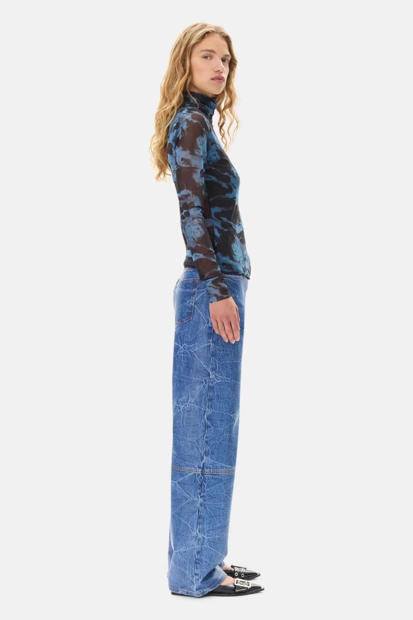 Printed Mesh Long Sleeve Rollneck | Blue Shadow - Image 5