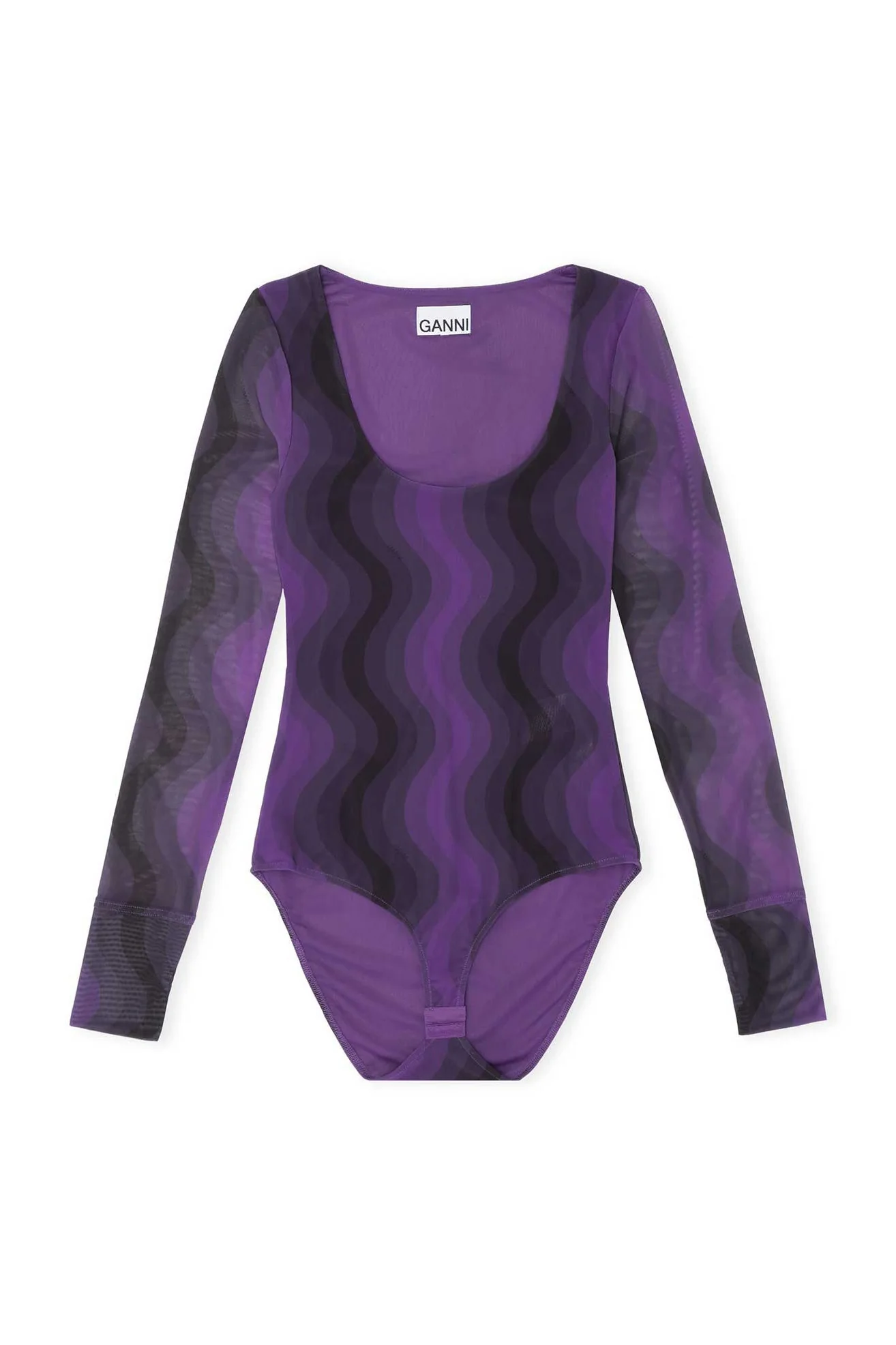 Printed Mesh Long-Sleeve U-Neck Bodystocking | Plum Jam