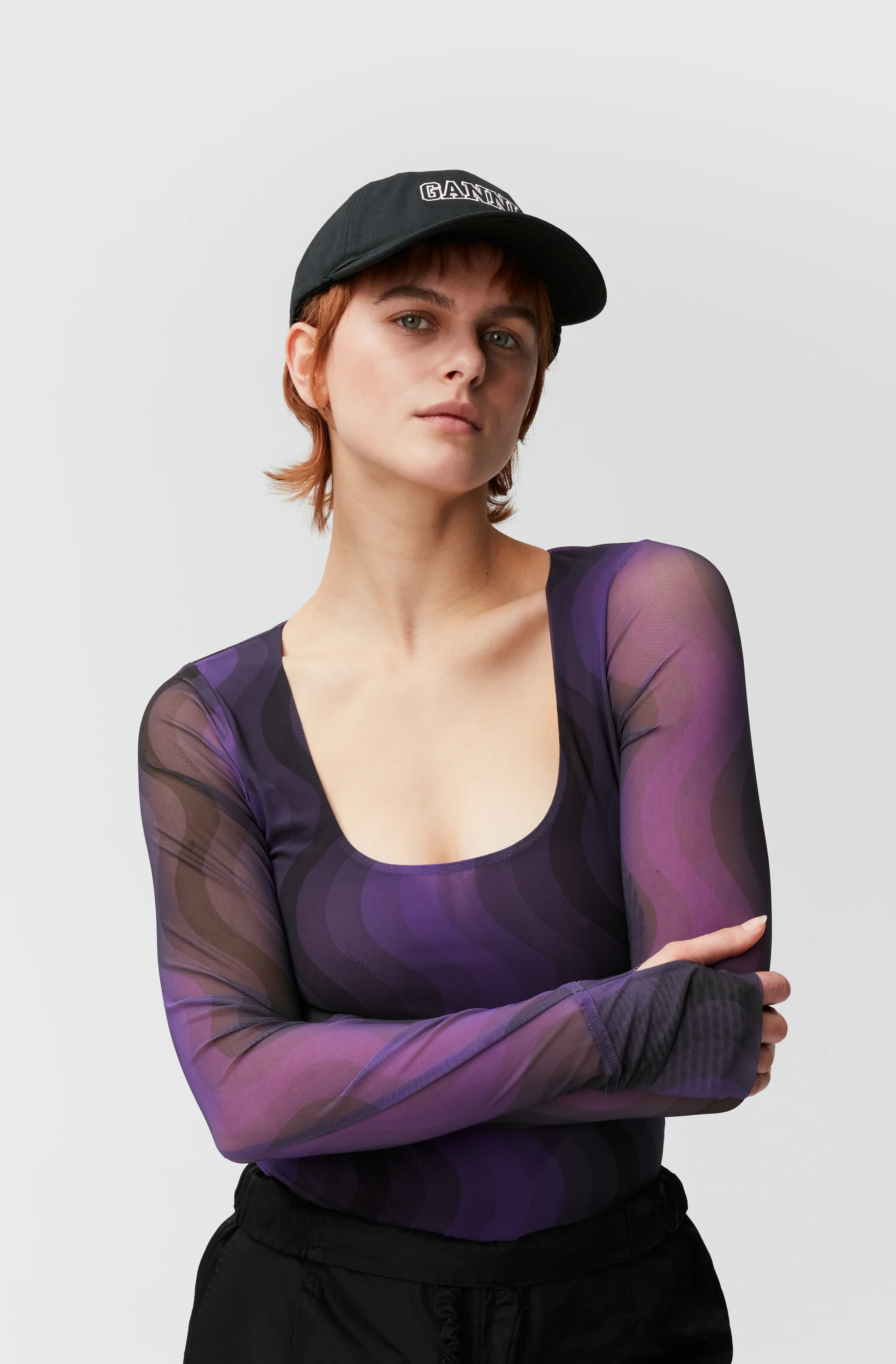 Printed Mesh Long-Sleeve U-Neck Bodystocking | Plum Jam - Image 3