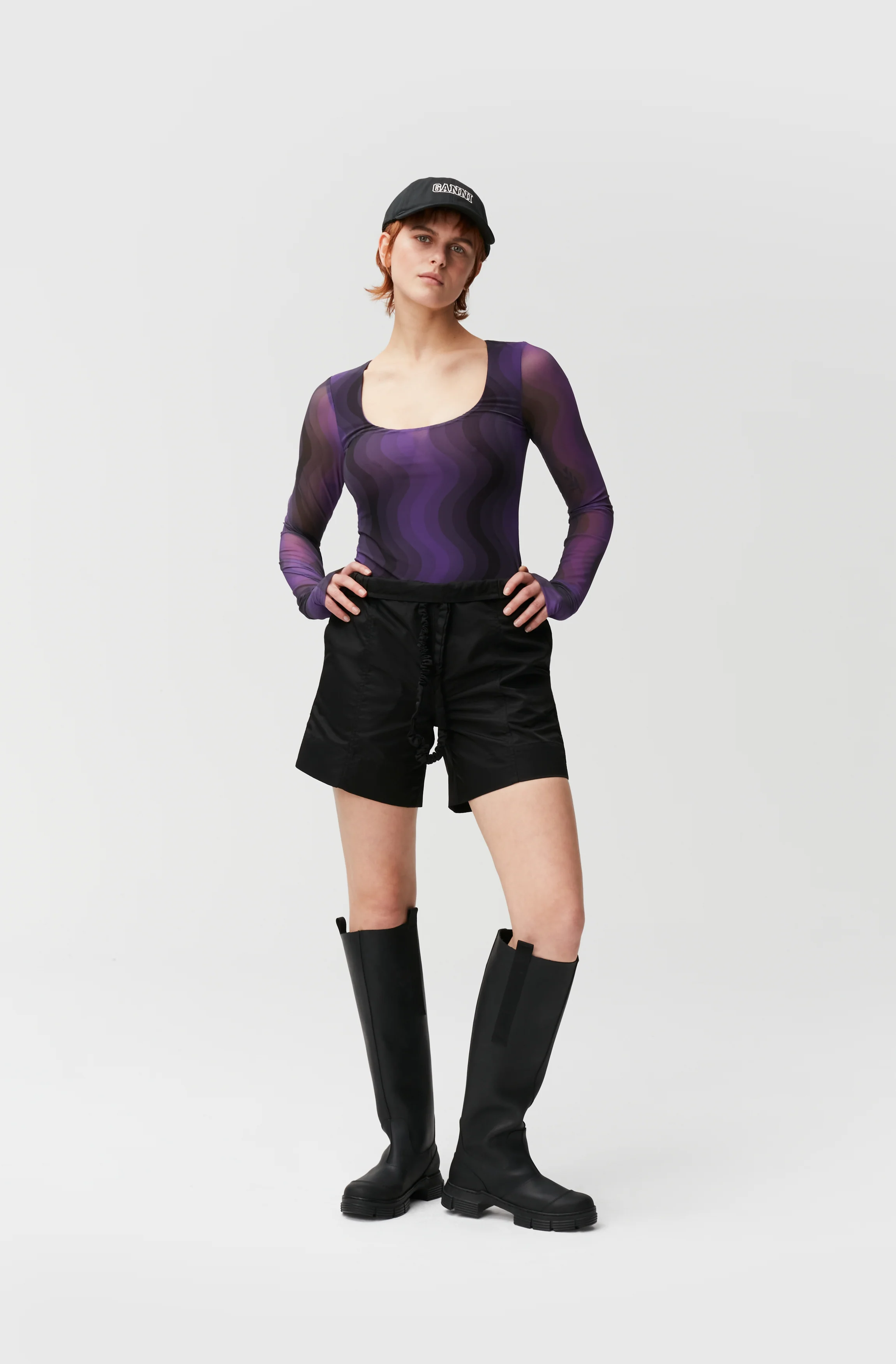 Printed Mesh Long-Sleeve U-Neck Bodystocking | Plum Jam - Image 4