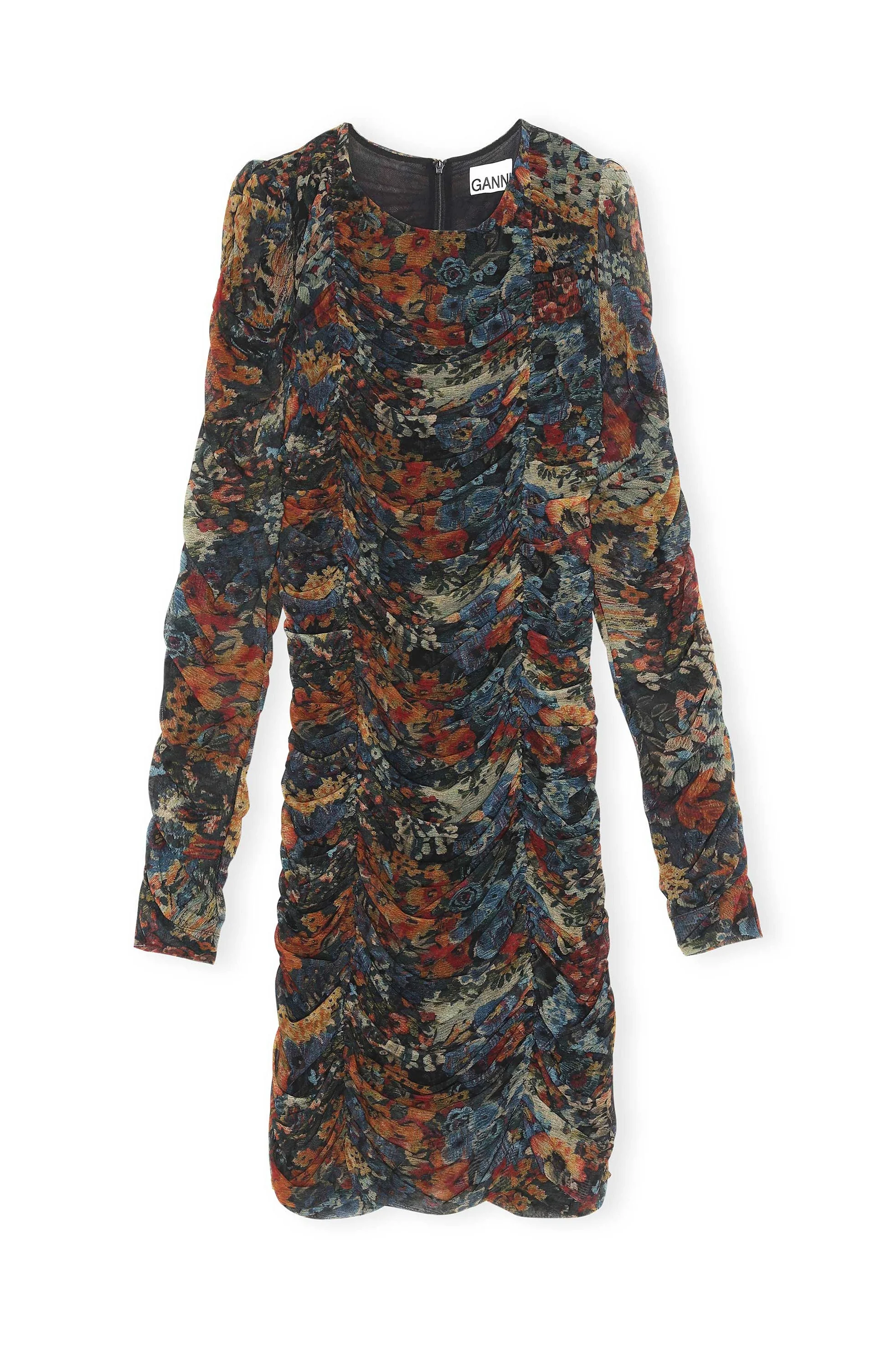 Printed Mesh O-Neck Gathered Panel Mini Dress | Butternut