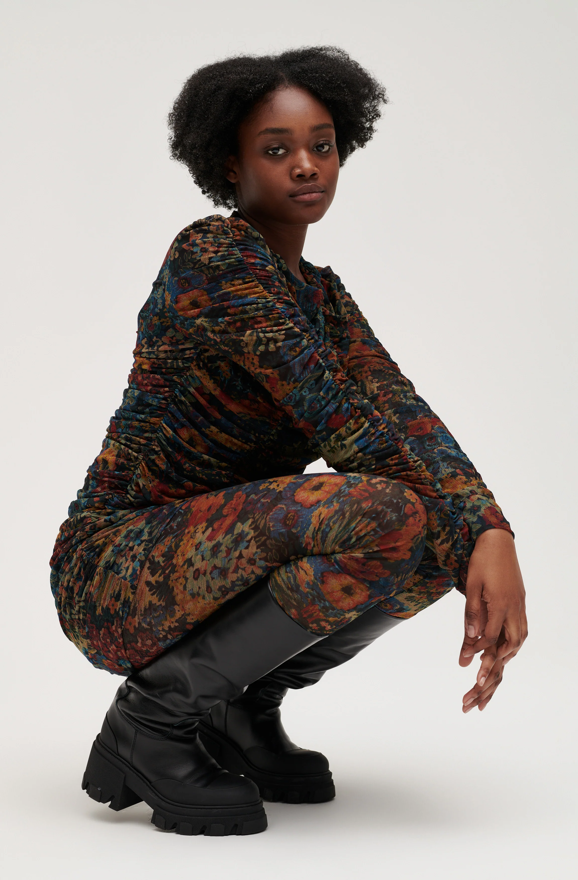 Printed Mesh O-Neck Gathered Panel Mini Dress | Butternut - Image 2