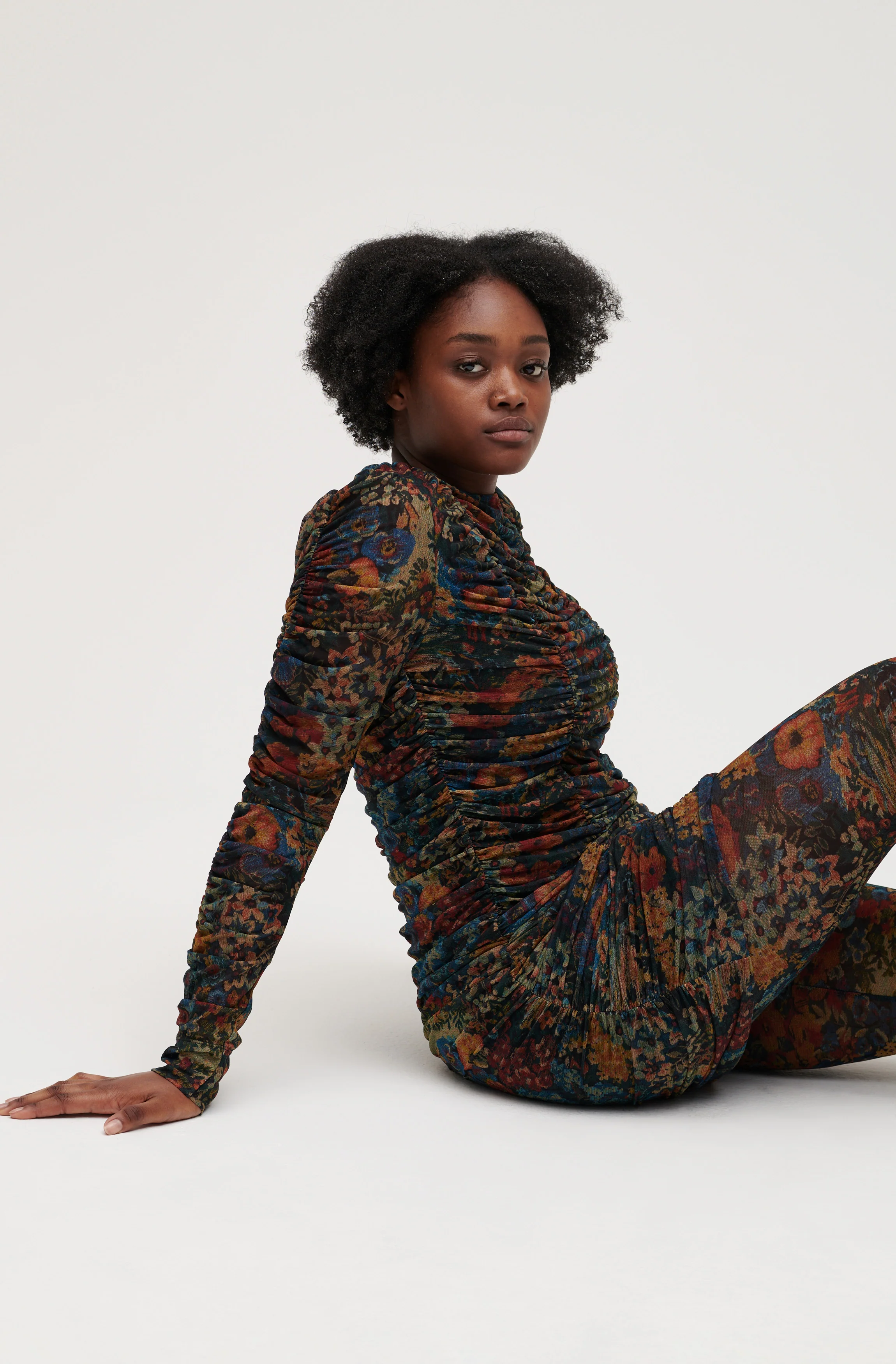Printed Mesh O-Neck Gathered Panel Mini Dress | Butternut - Image 3