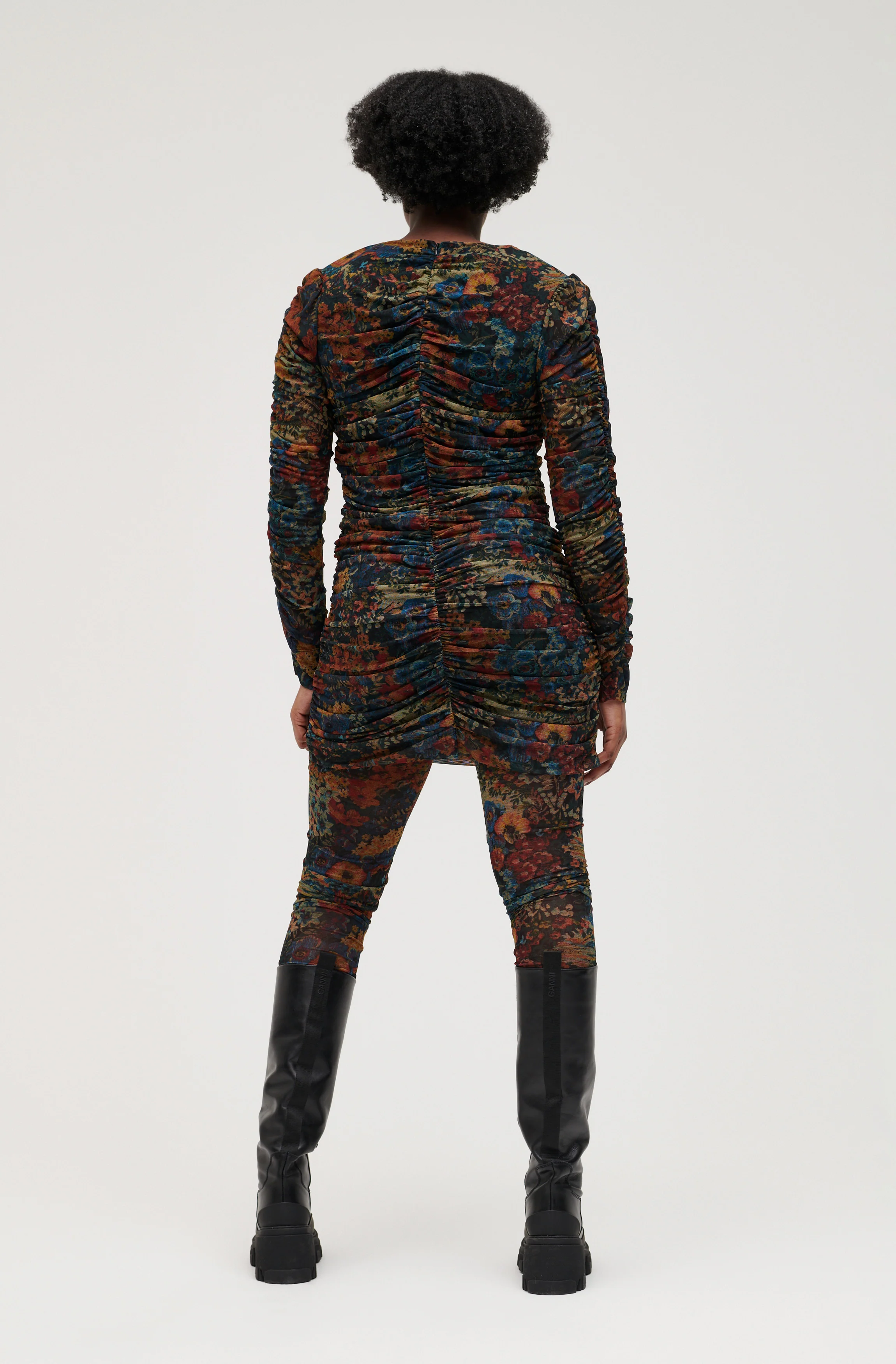 Printed Mesh O-Neck Gathered Panel Mini Dress | Butternut - Image 4